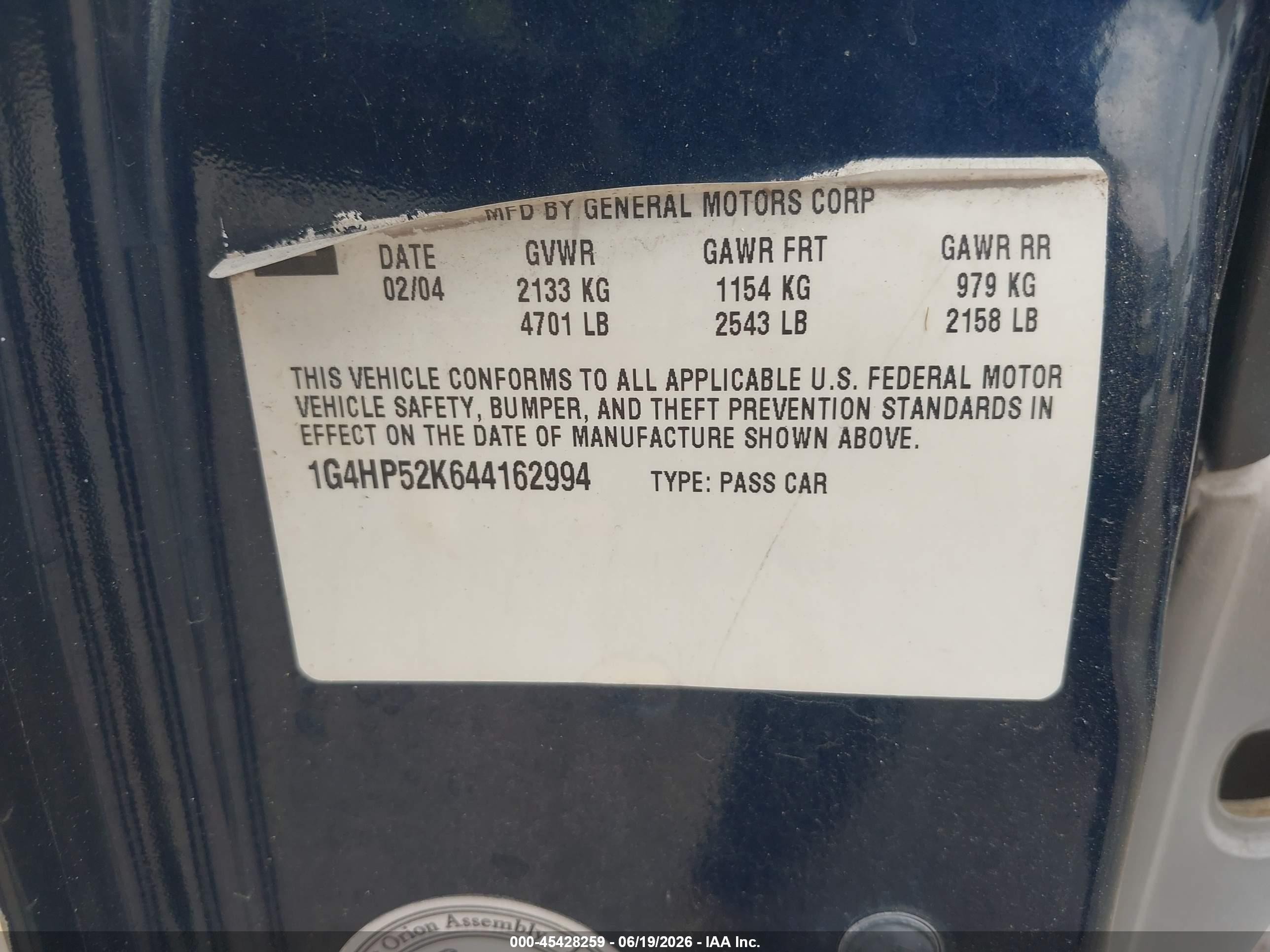 2004 Buick Lesabre Custom Blue vin: 1G4HP52K644162994