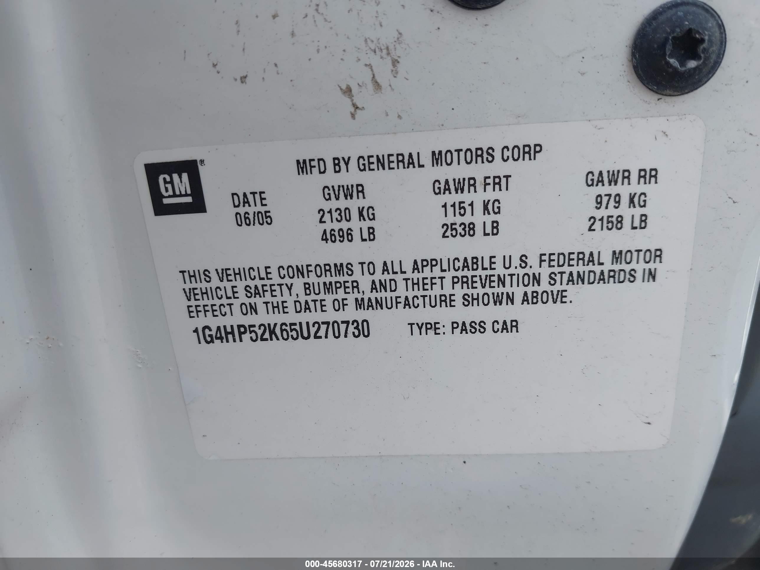 2005 Buick Lesabre Custom White vin: 1G4HP52K65U270730