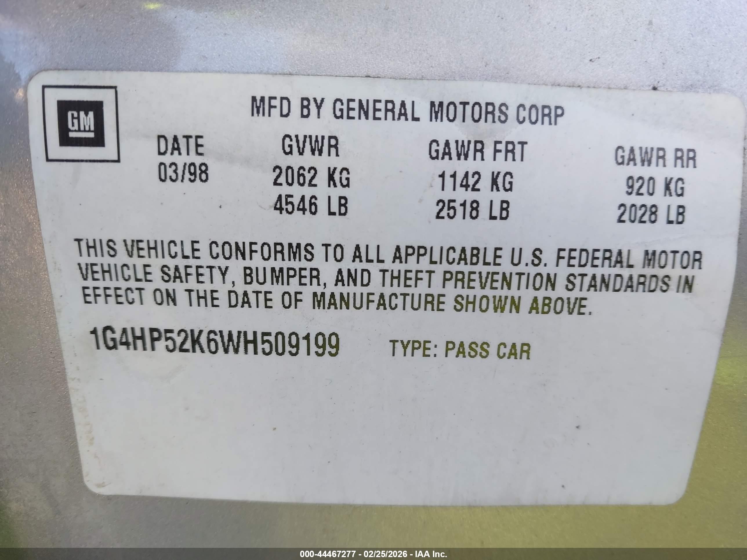 1998 Buick Lesabre Custom Green vin: 1G4HP52K6WH509199