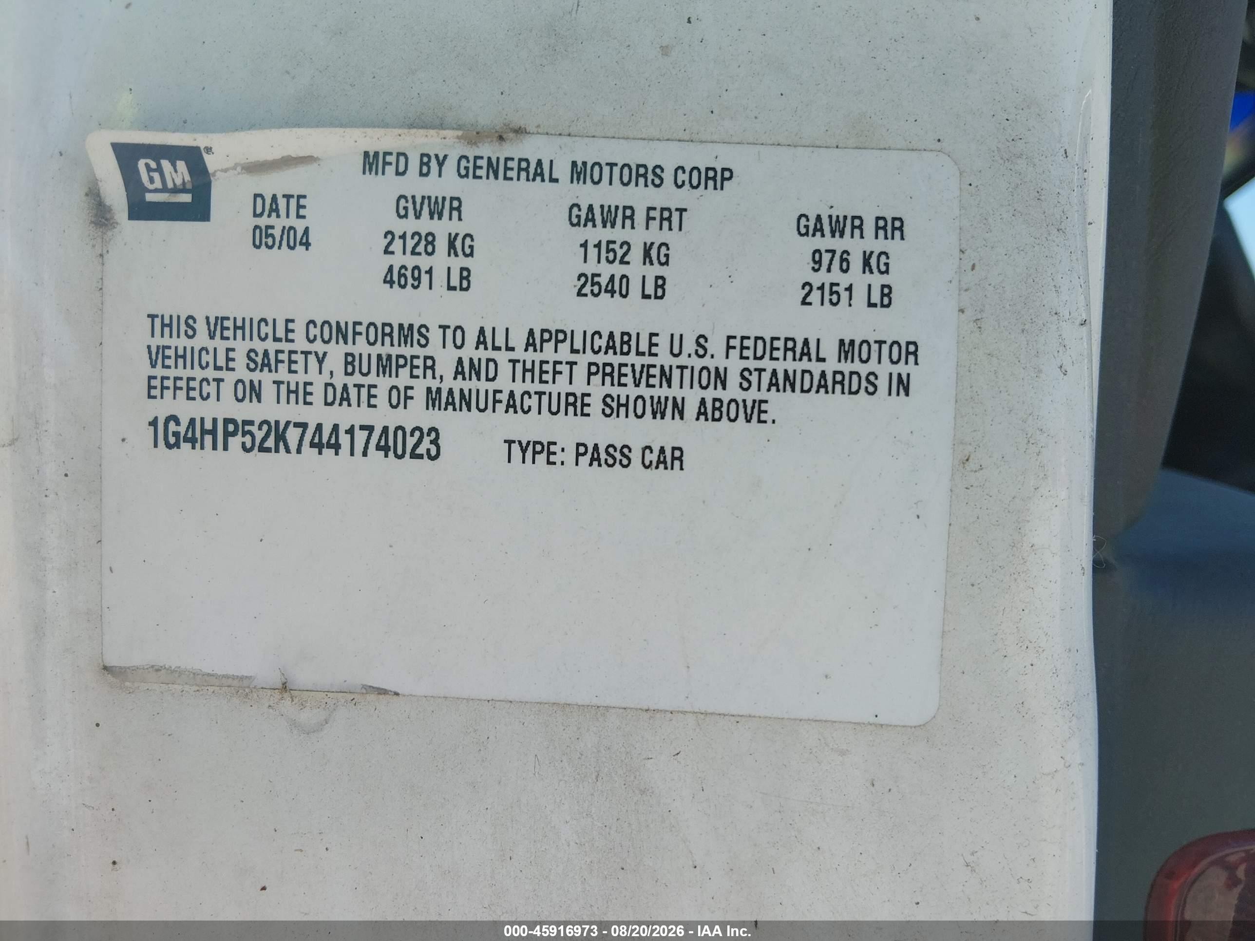 2004 Buick Lesabre Custom White vin: 1G4HP52K744174023