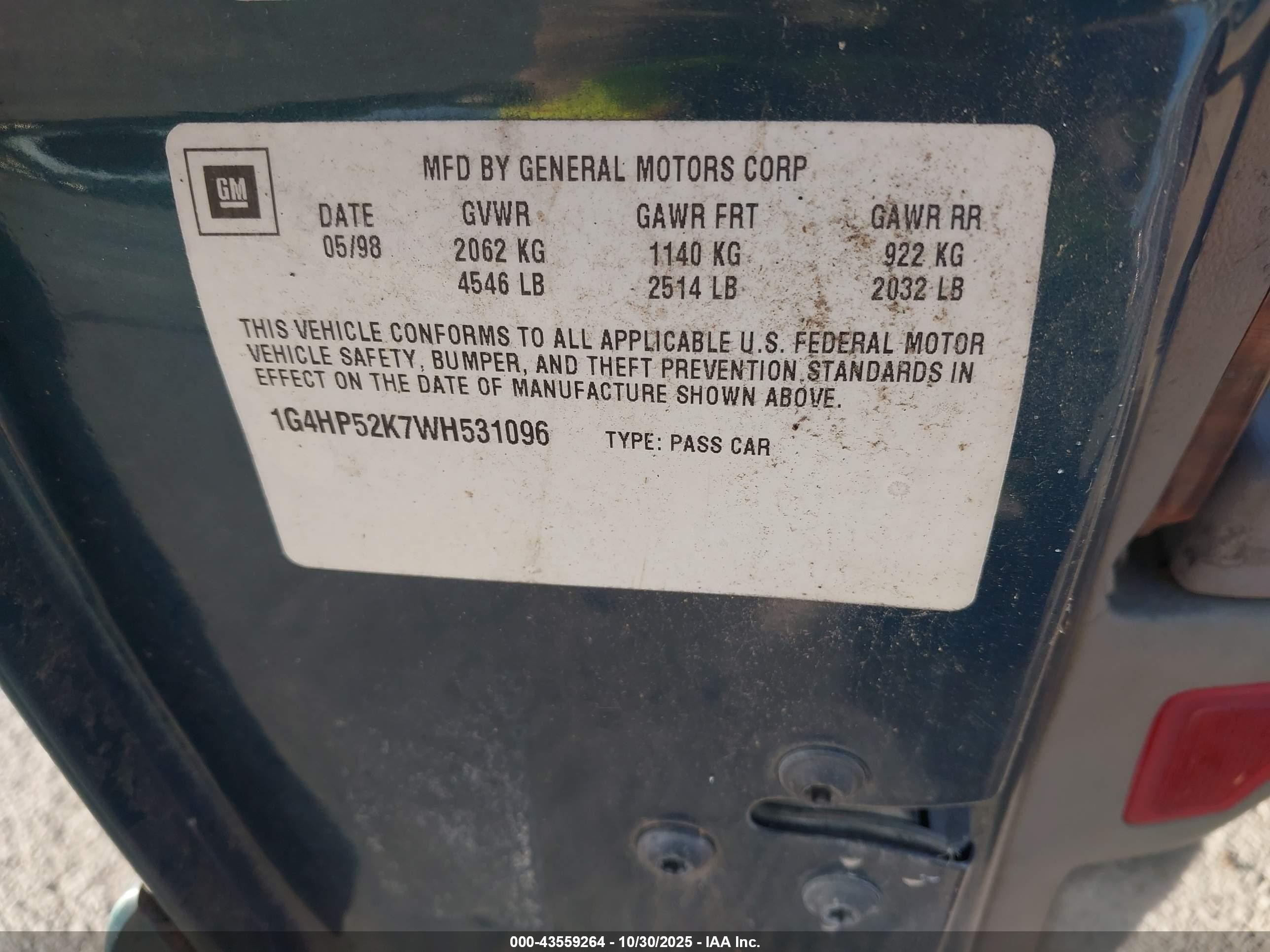 1998 Buick Lesabre Custom Зеленый vin: 1G4HP52K7WH531096