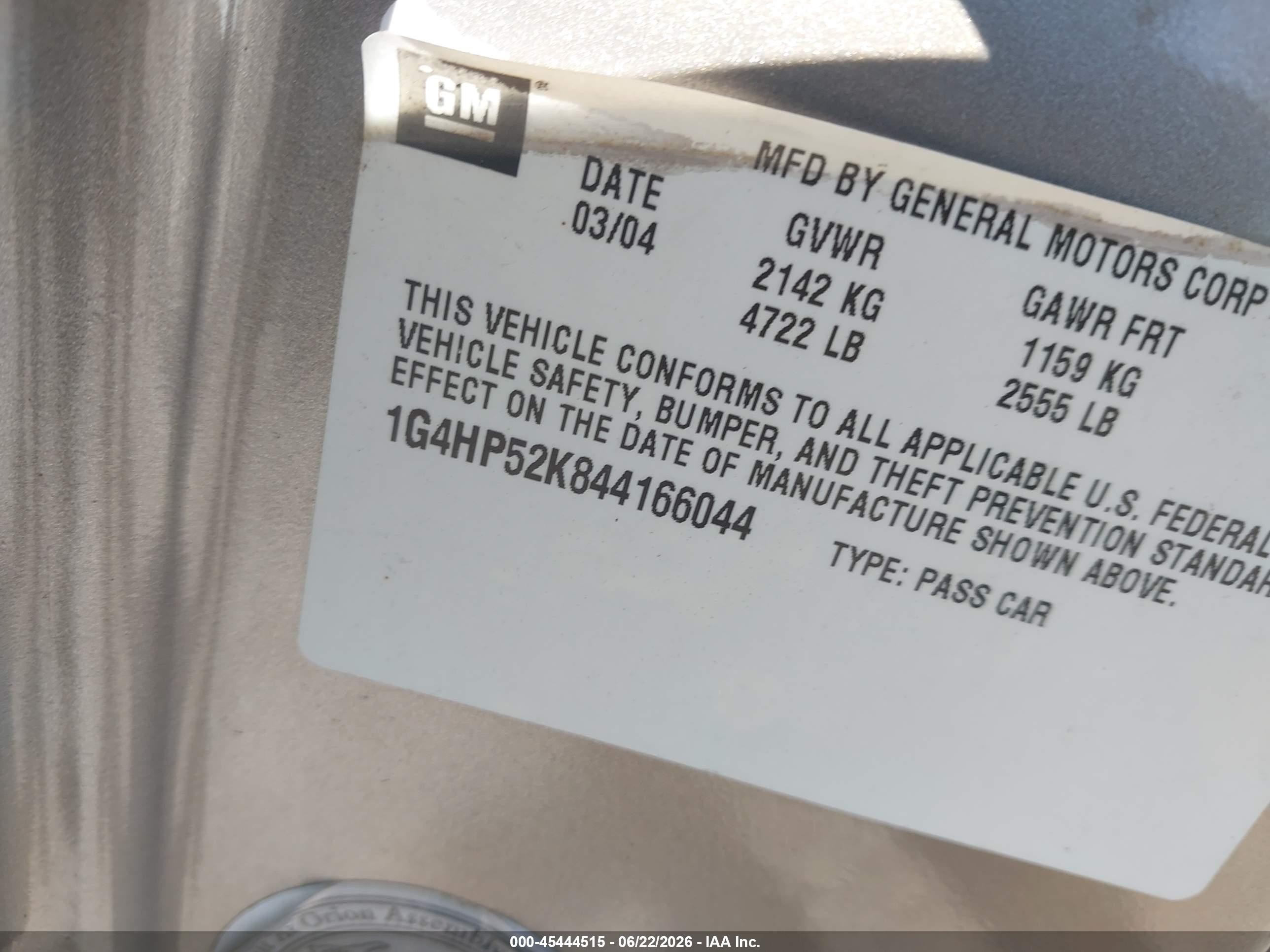 2004 Buick Lesabre Custom Tan vin: 1G4HP52K844166044