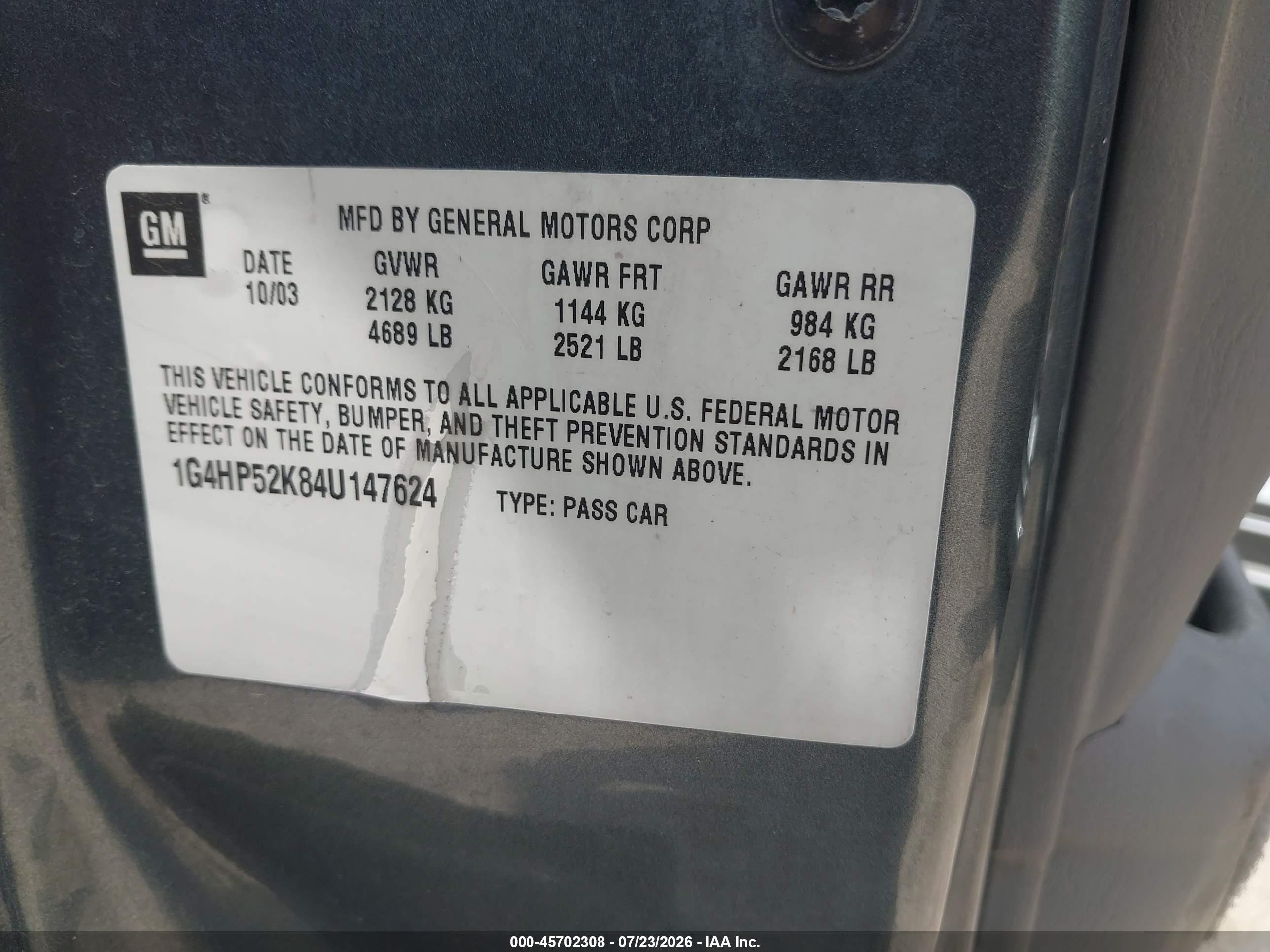 2004 Buick Lesabre Custom Серый vin: 1G4HP52K84U147624