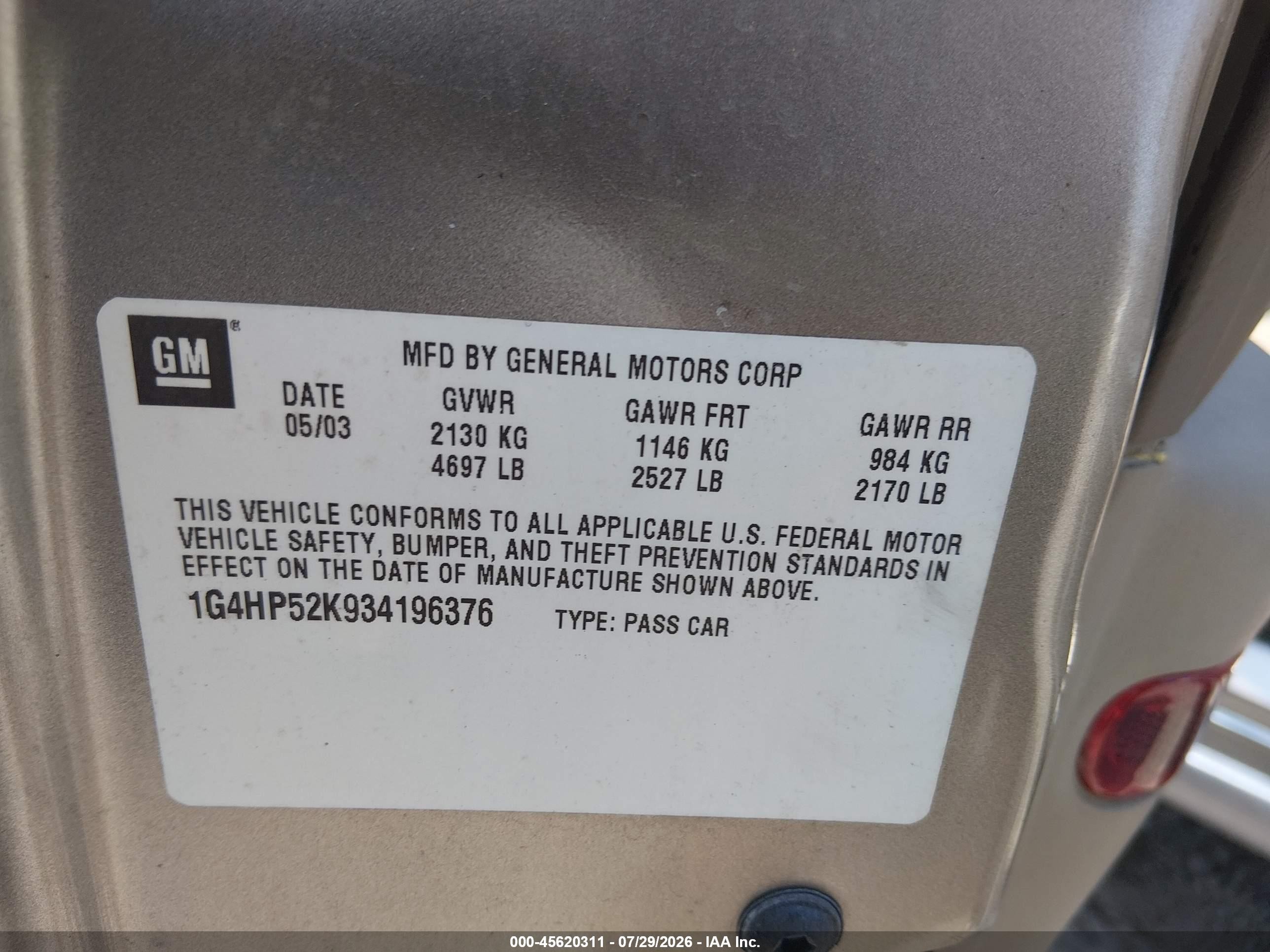 2003 Buick Lesabre Custom Beige vin: 1G4HP52K934196376