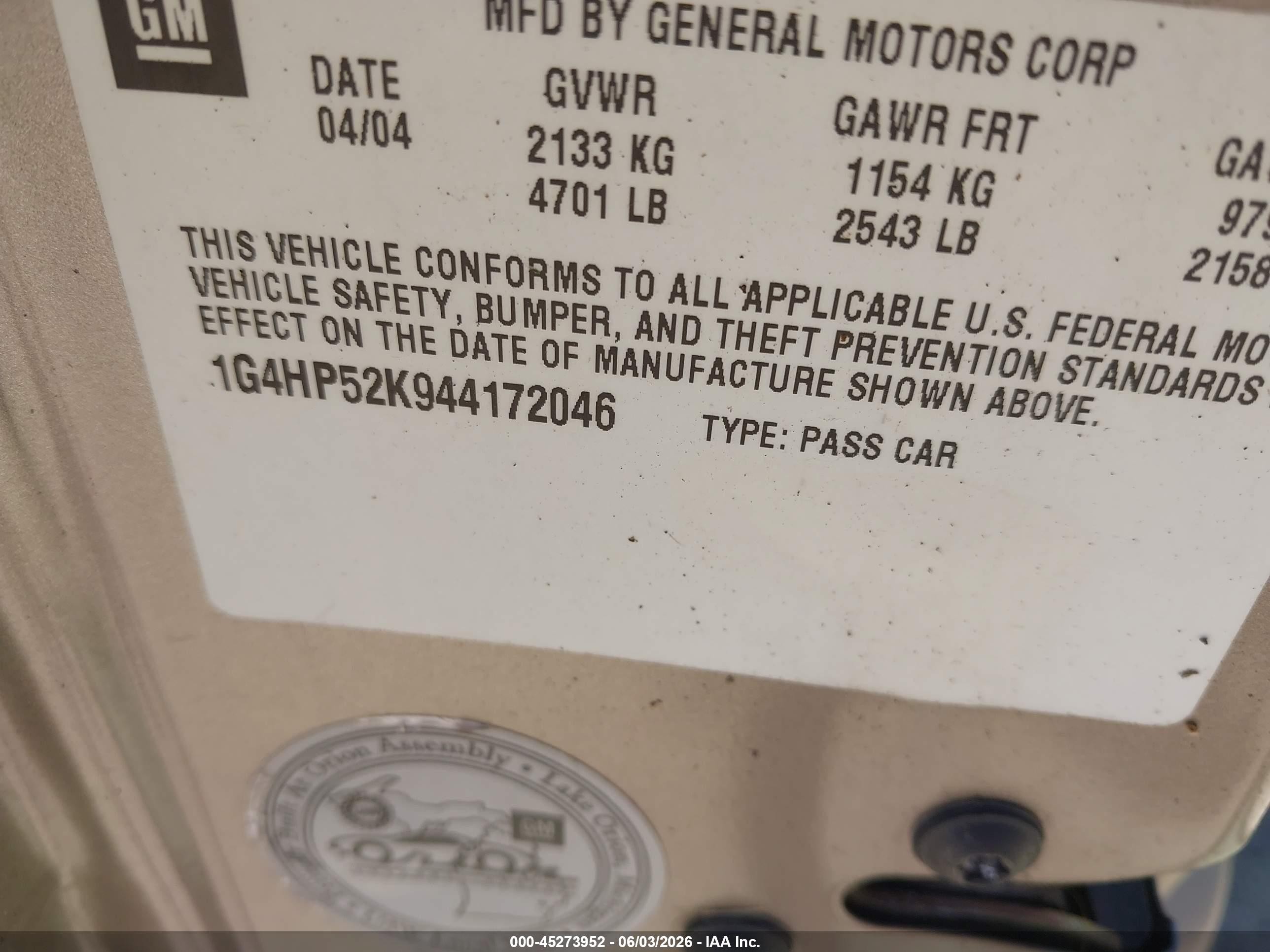2004 Buick Lesabre Custom Золотой vin: 1G4HP52K944172046