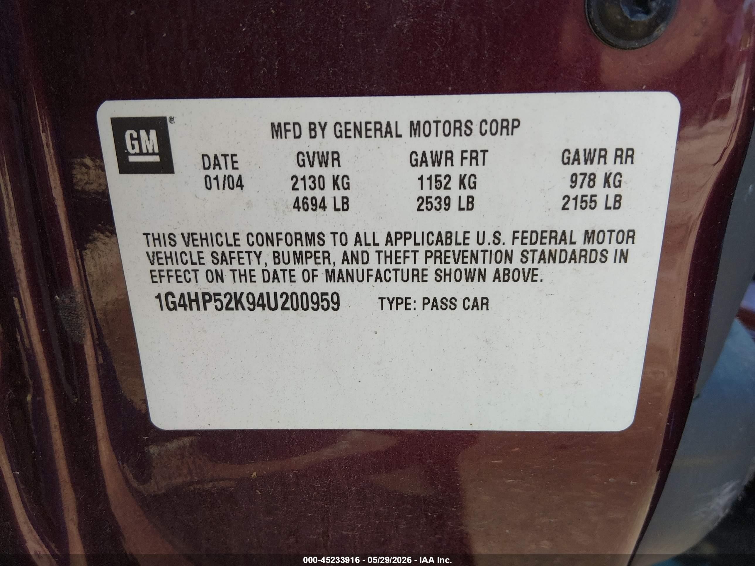 2004 Buick Lesabre Custom Темно-бордовый vin: 1G4HP52K94U200959