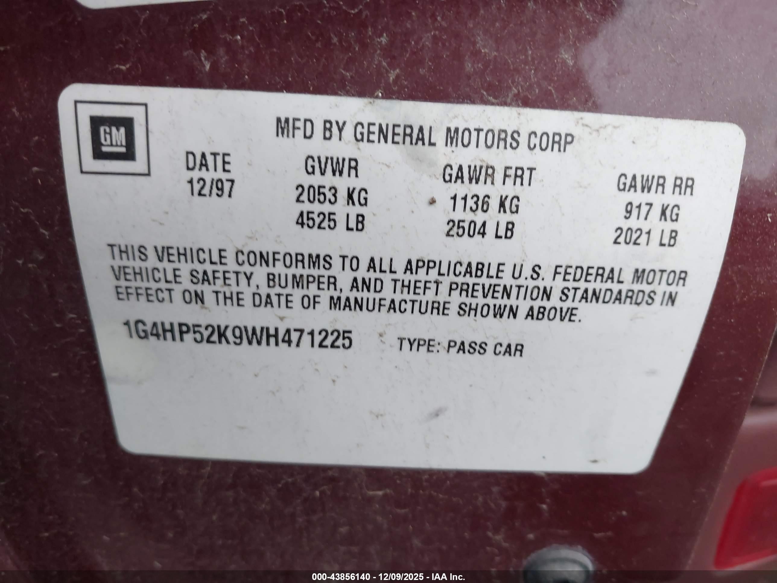 1998 Buick Lesabre Custom Burgundy vin: 1G4HP52K9WH471225