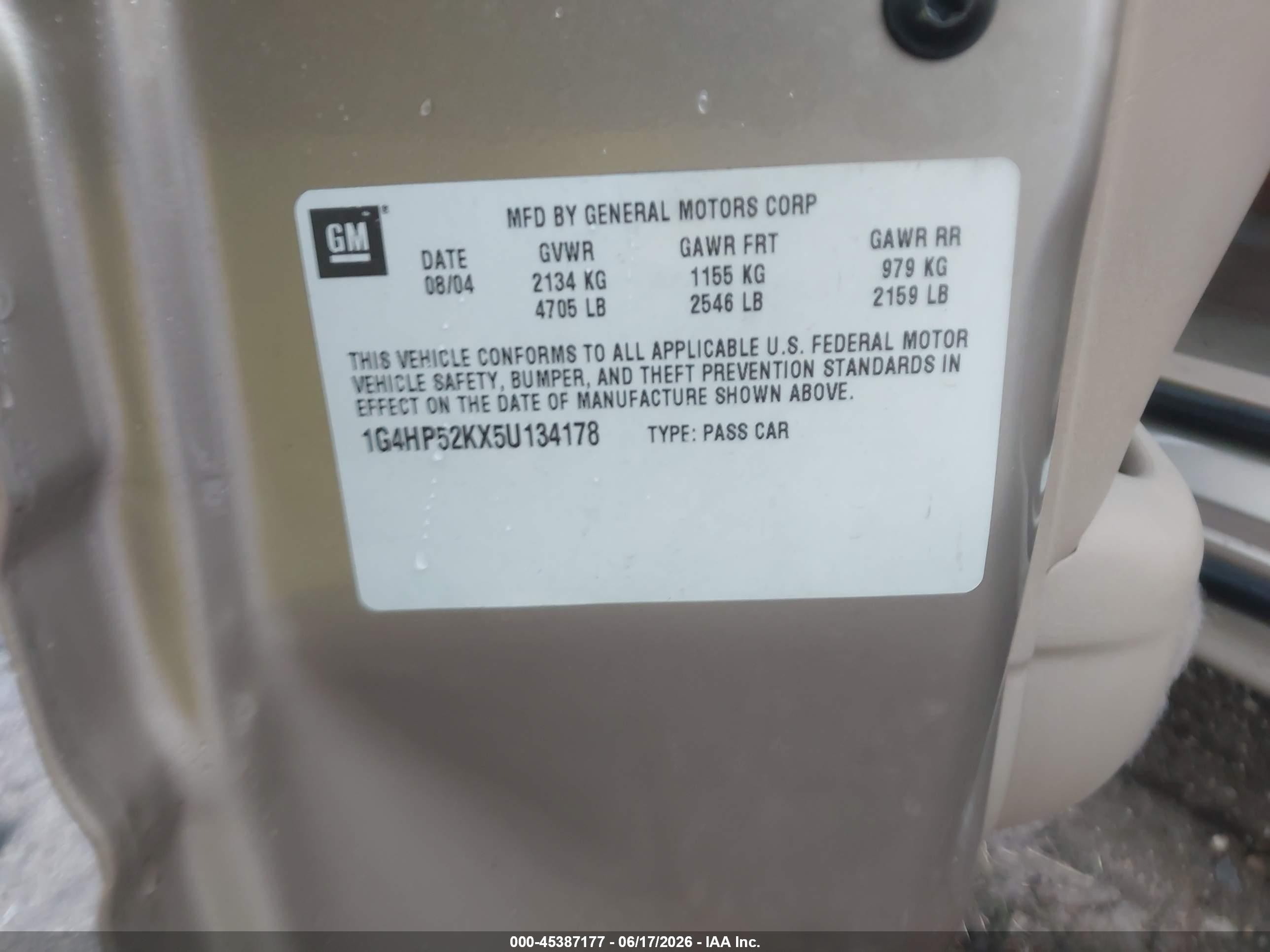 2005 Buick Lesabre Custom Gold vin: 1G4HP52KX5U134178