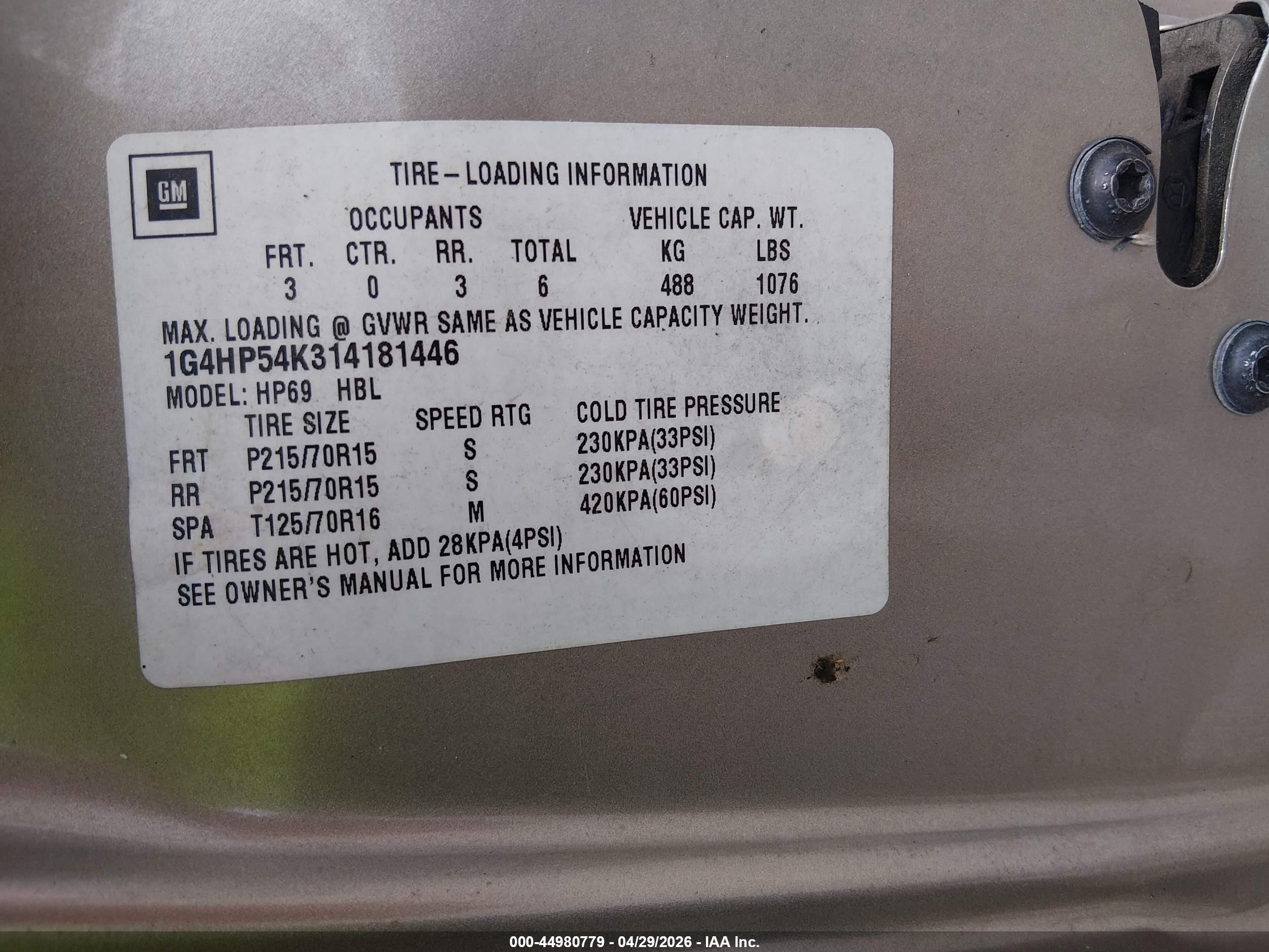 2001 Buick Lesabre Custom Tan vin: 1G4HP54K314181446