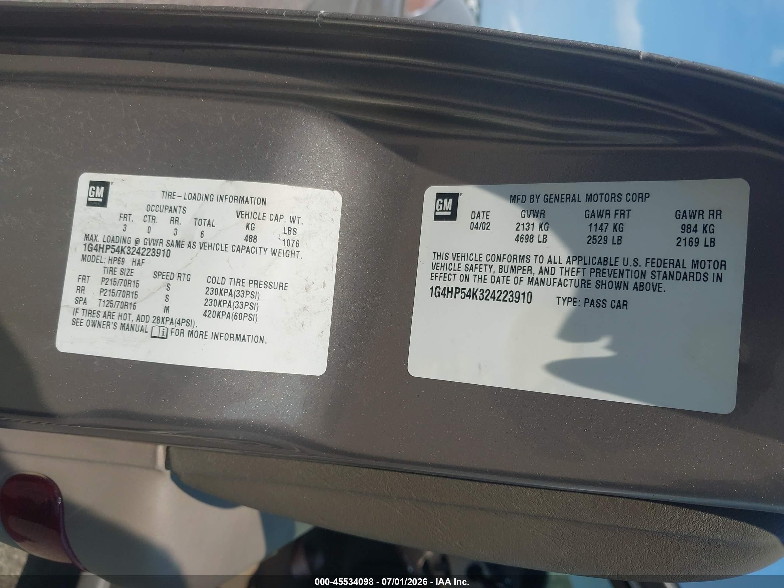 2002 Buick Lesabre Custom Champagne vin: 1G4HP54K324223910
