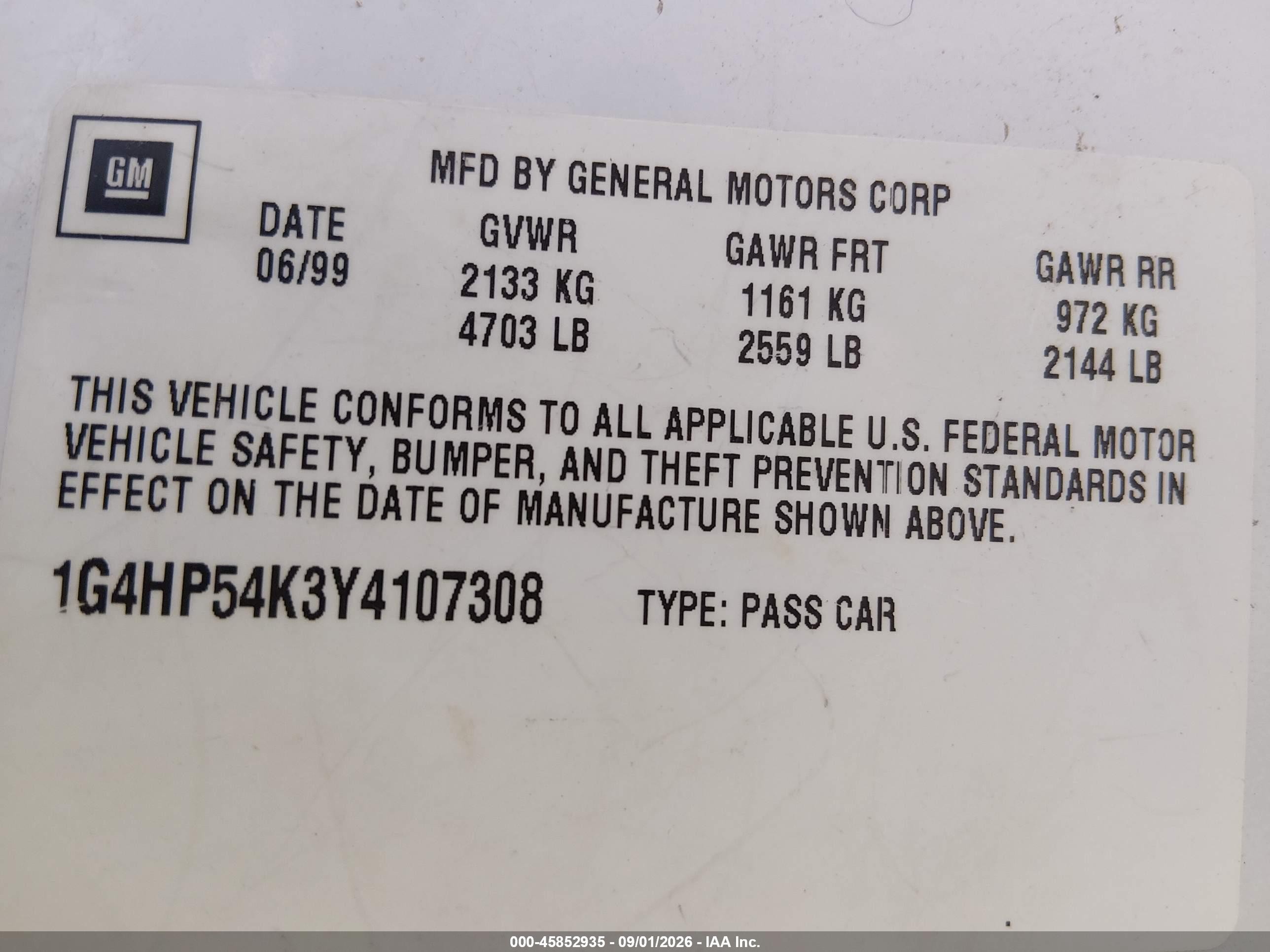 2000 Buick Lesabre Custom White vin: 1G4HP54K3Y4107308