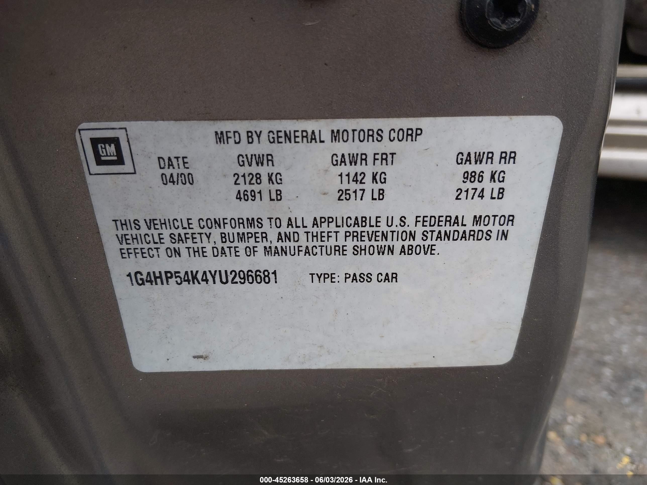 2000 Buick Lesabre Custom Gold vin: 1G4HP54K4YU296681