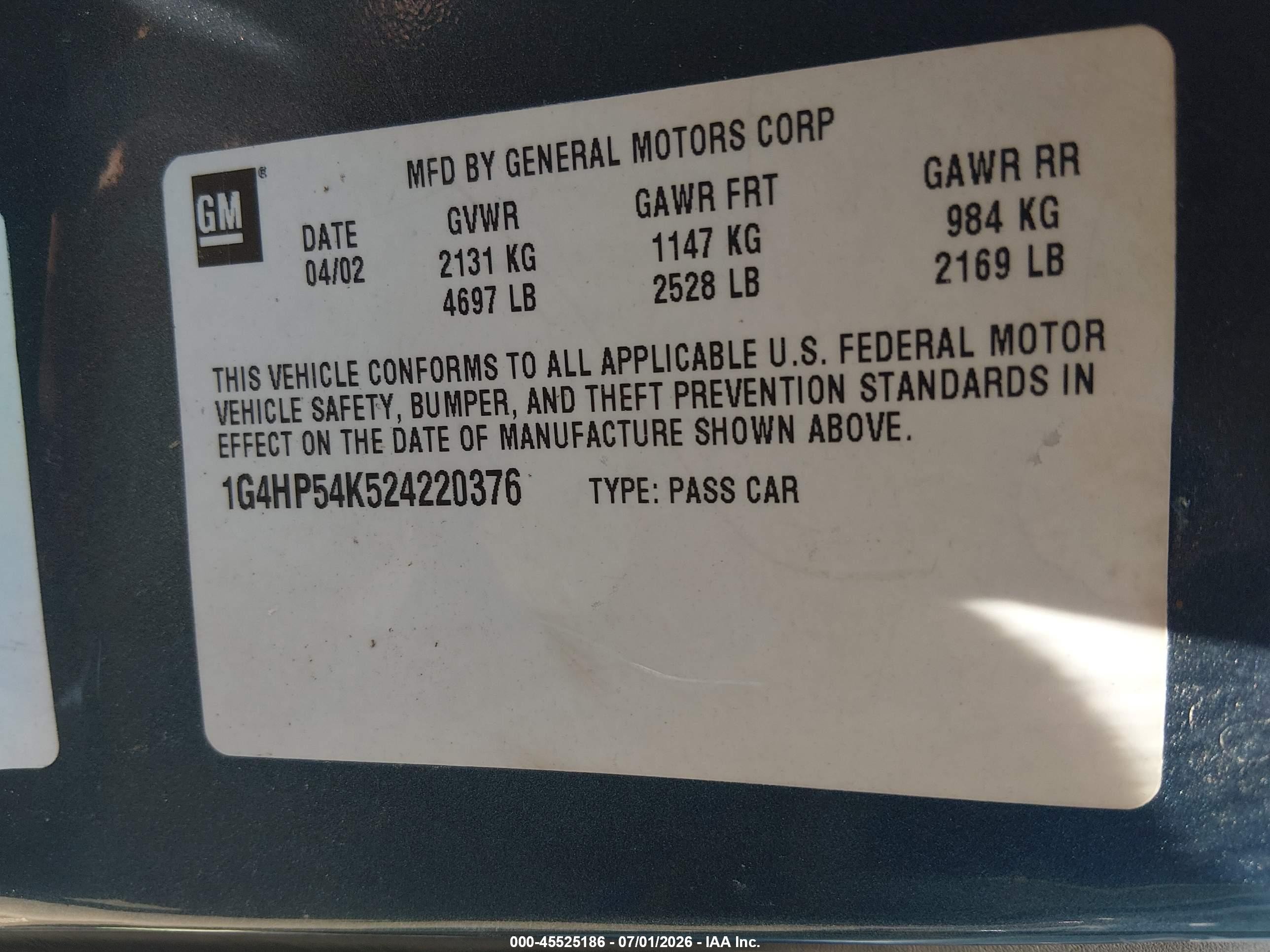 2002 Buick Lesabre Custom Blue vin: 1G4HP54K524220376