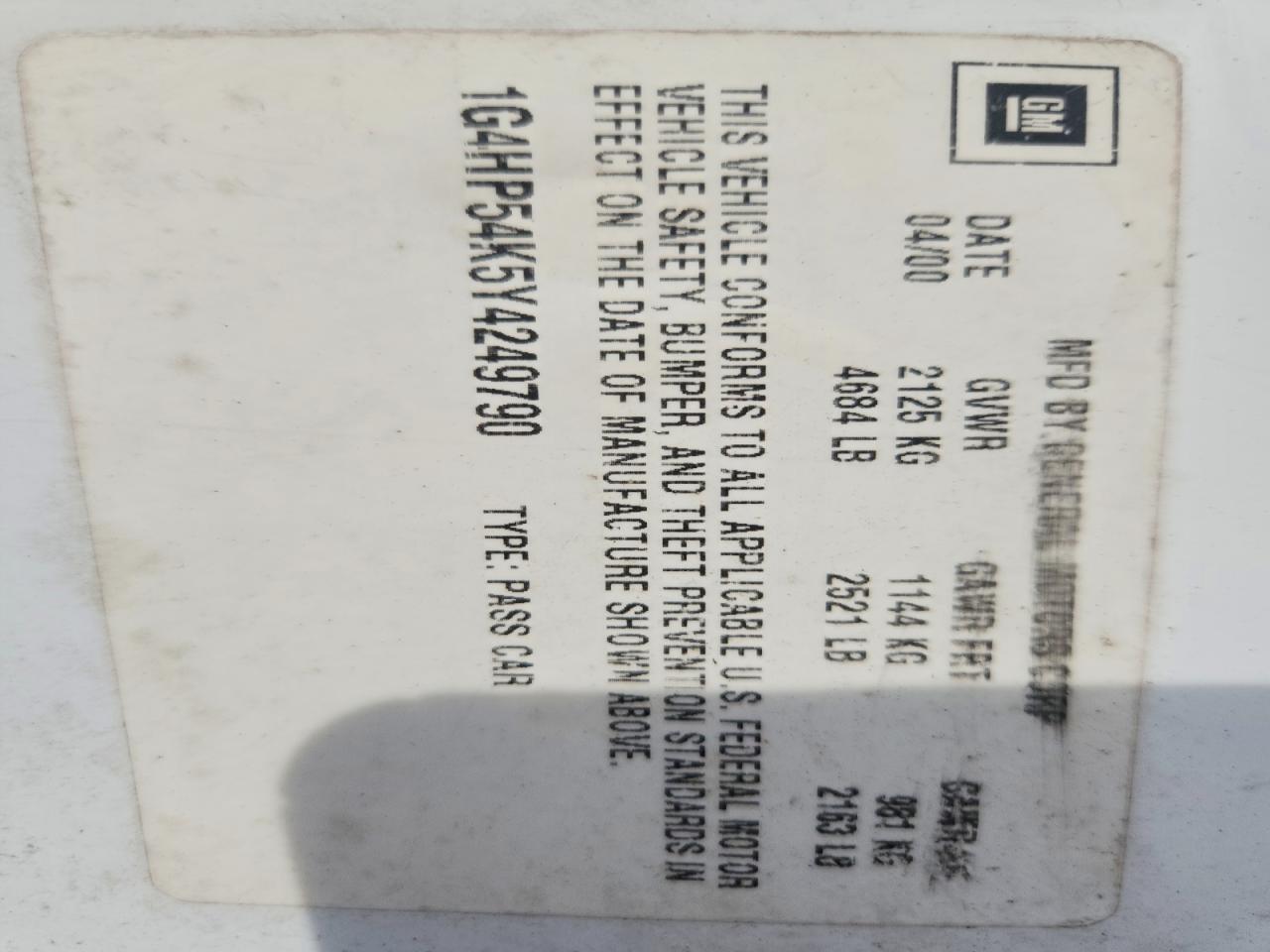 2000 Buick Lesabre Custom White vin: 1G4HP54K5Y4249790