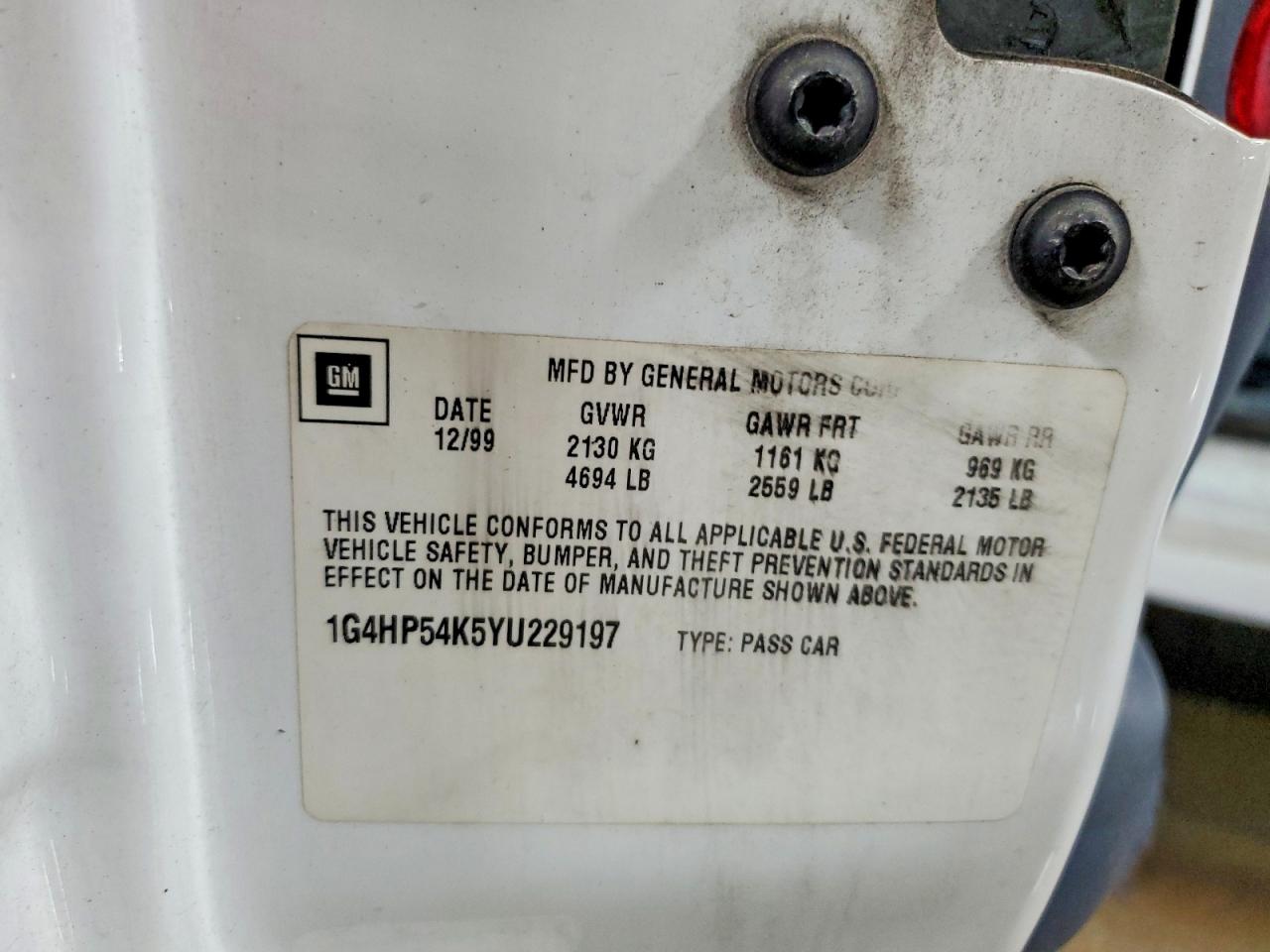 2000 Buick Lesabre Custom White vin: 1G4HP54K5YU229197