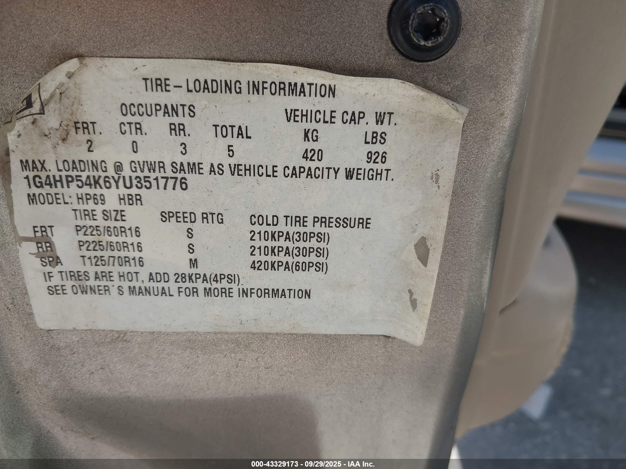 2000 Buick Lesabre Custom Beige vin: 1G4HP54K6YU351776