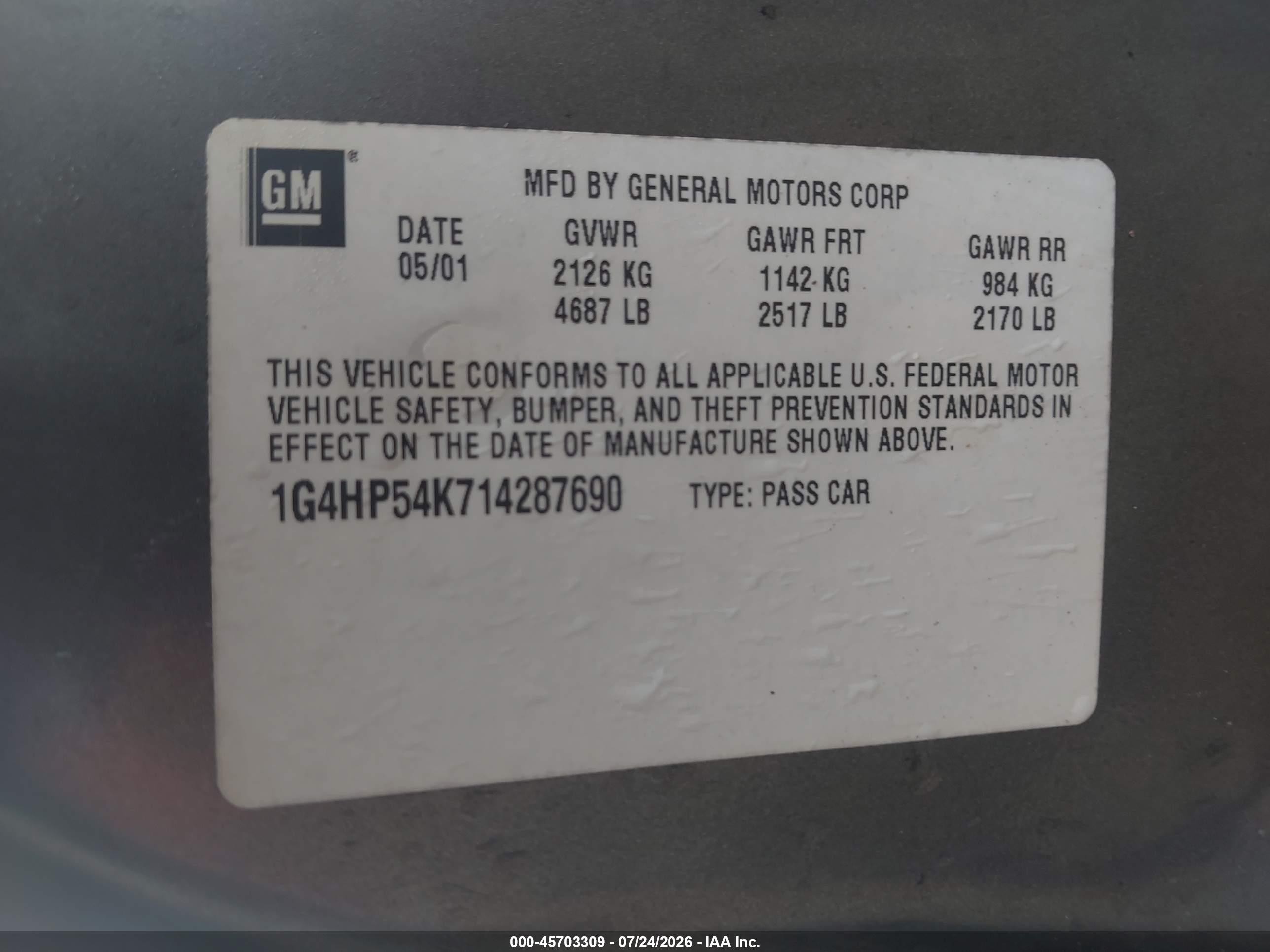 2001 Buick Lesabre Custom Gray vin: 1G4HP54K714287690