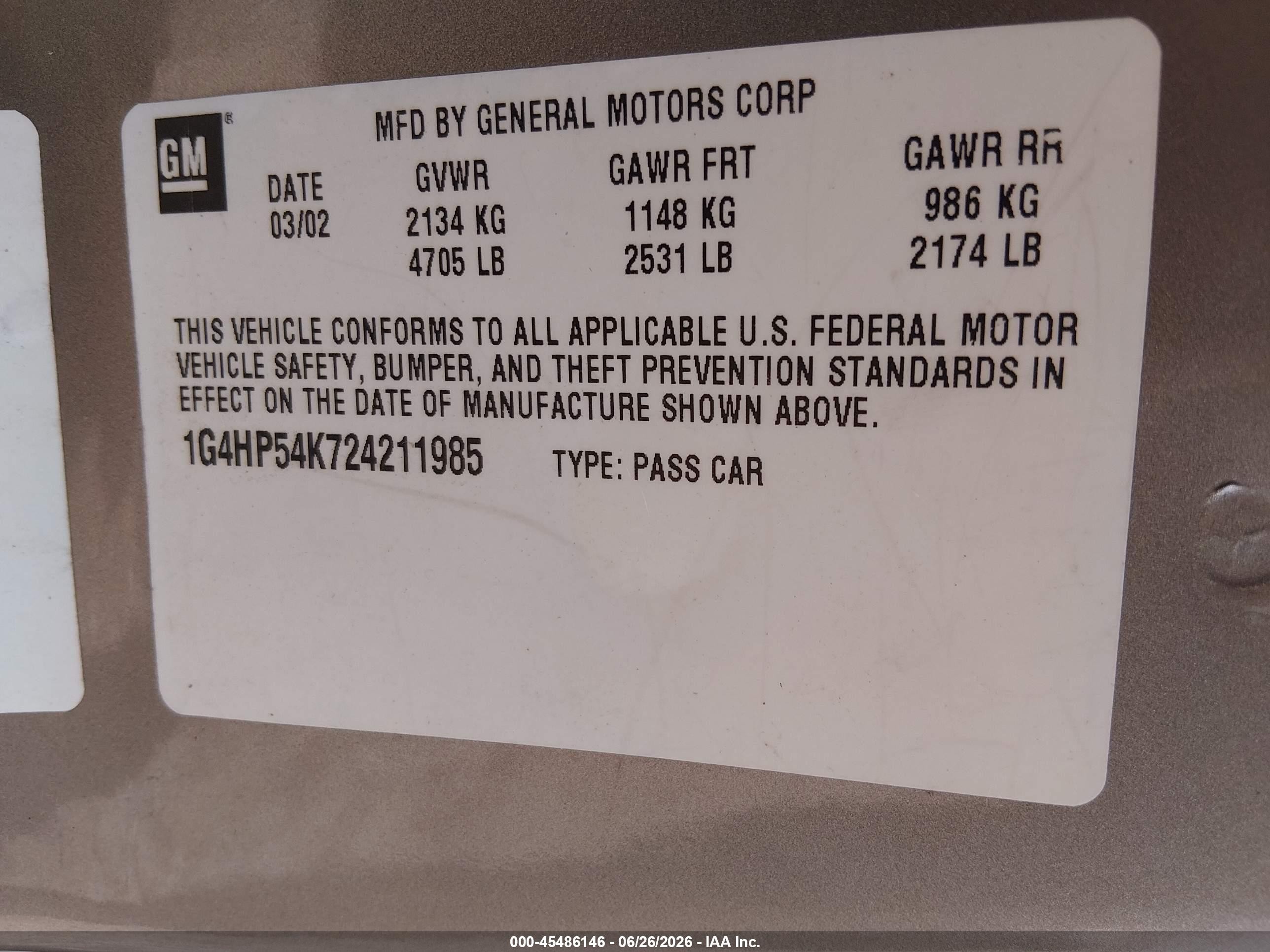2002 Buick Lesabre Custom Золотой vin: 1G4HP54K724211985