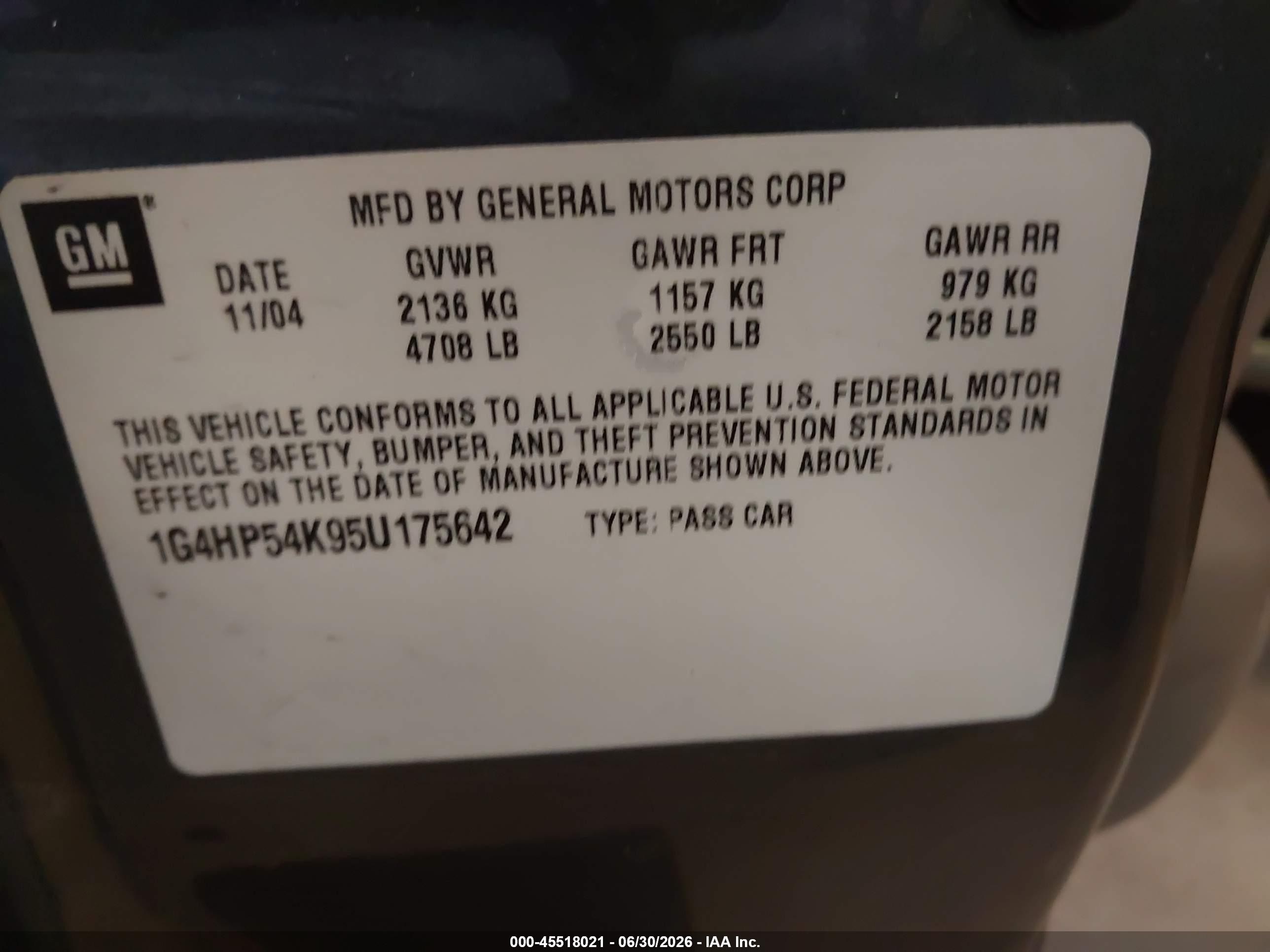 2005 Buick Lesabre Custom Зеленый vin: 1G4HP54K95U175642