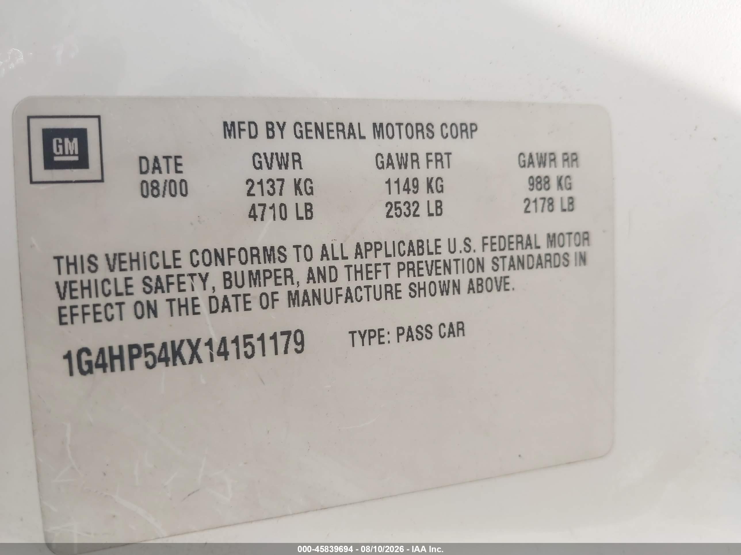2001 Buick Lesabre Custom White vin: 1G4HP54KX14151179