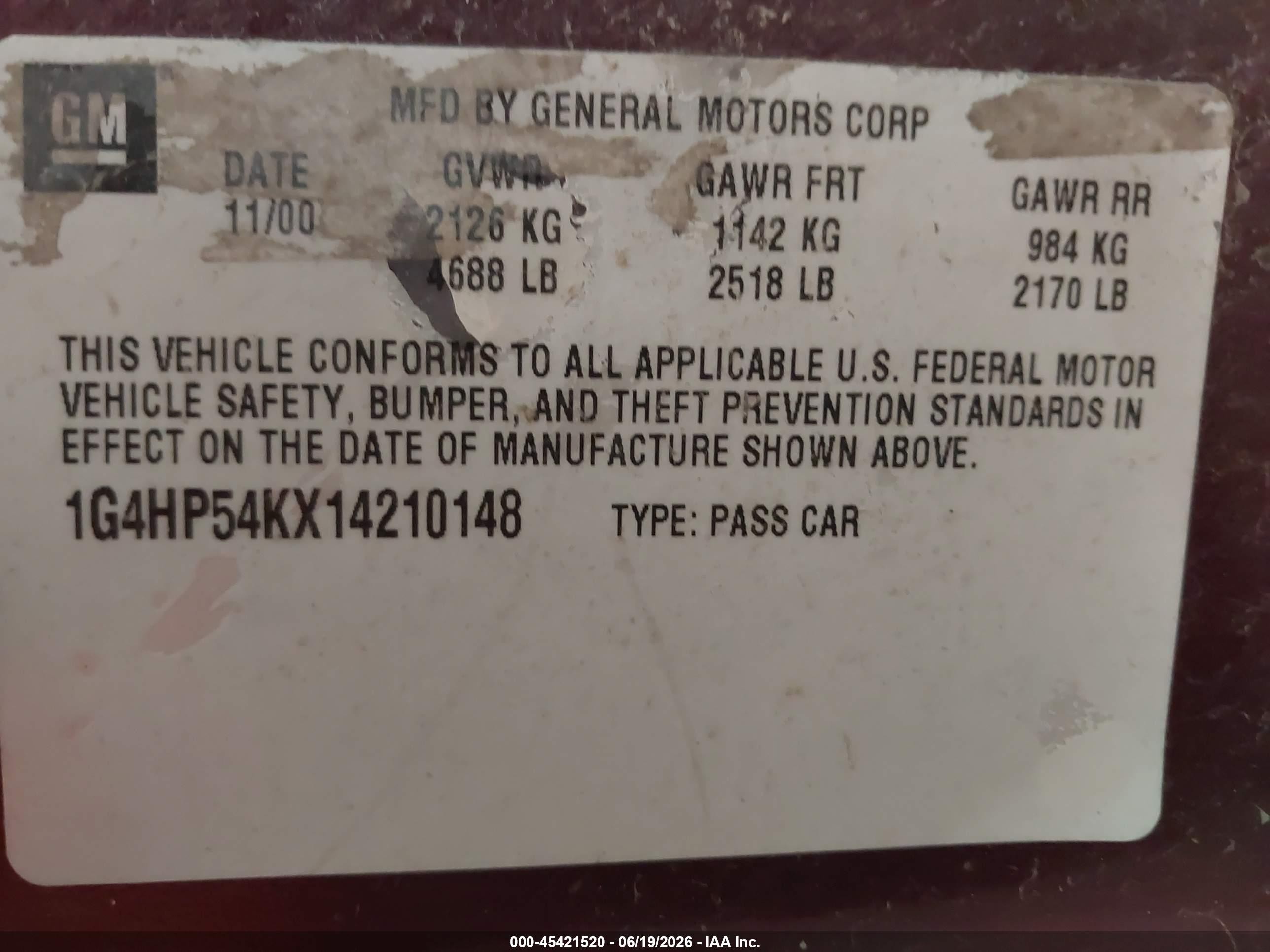 2001 Buick Lesabre Custom Red vin: 1G4HP54KX14210148