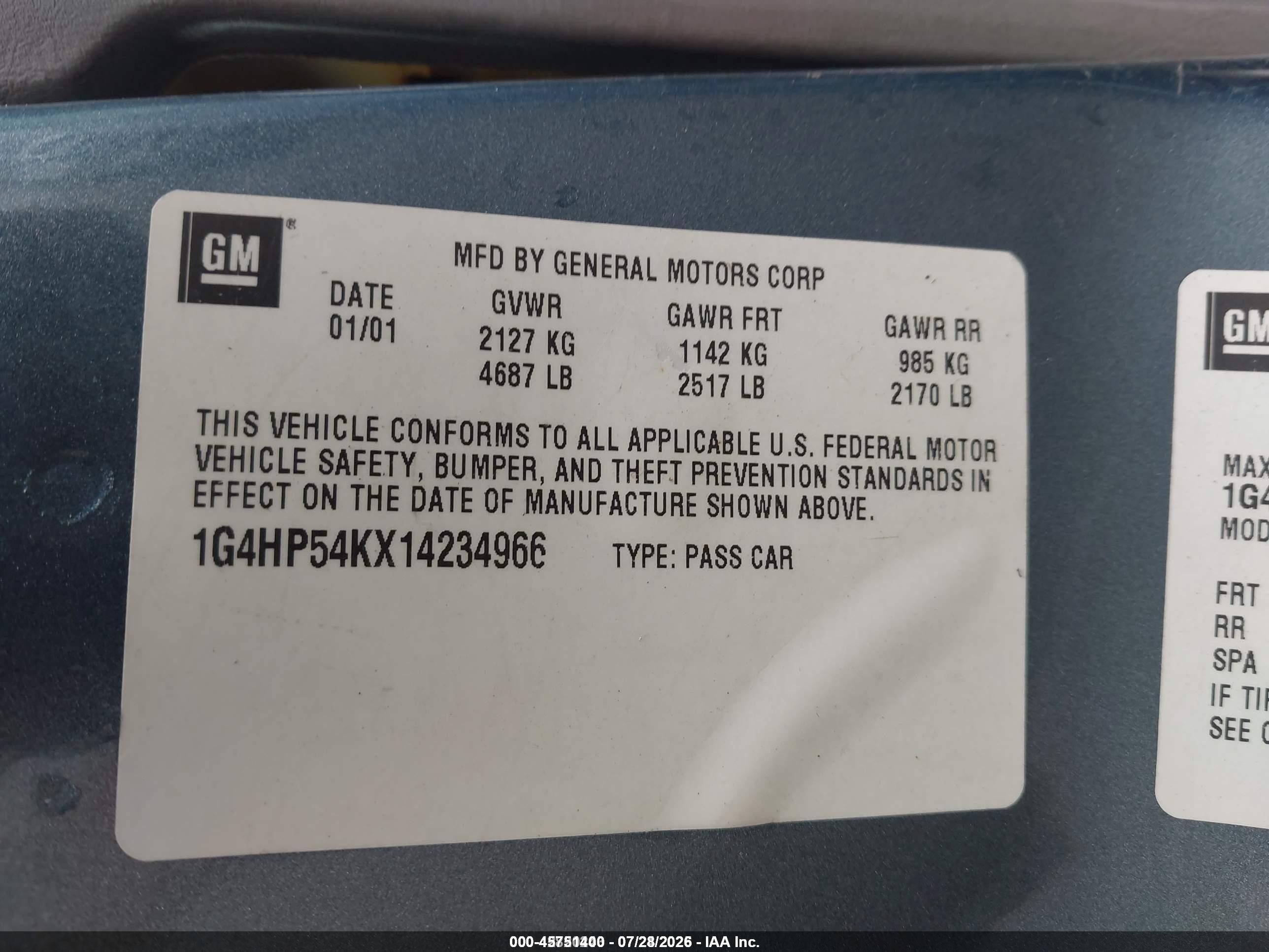 2001 Buick Lesabre Custom Blue vin: 1G4HP54KX14234966
