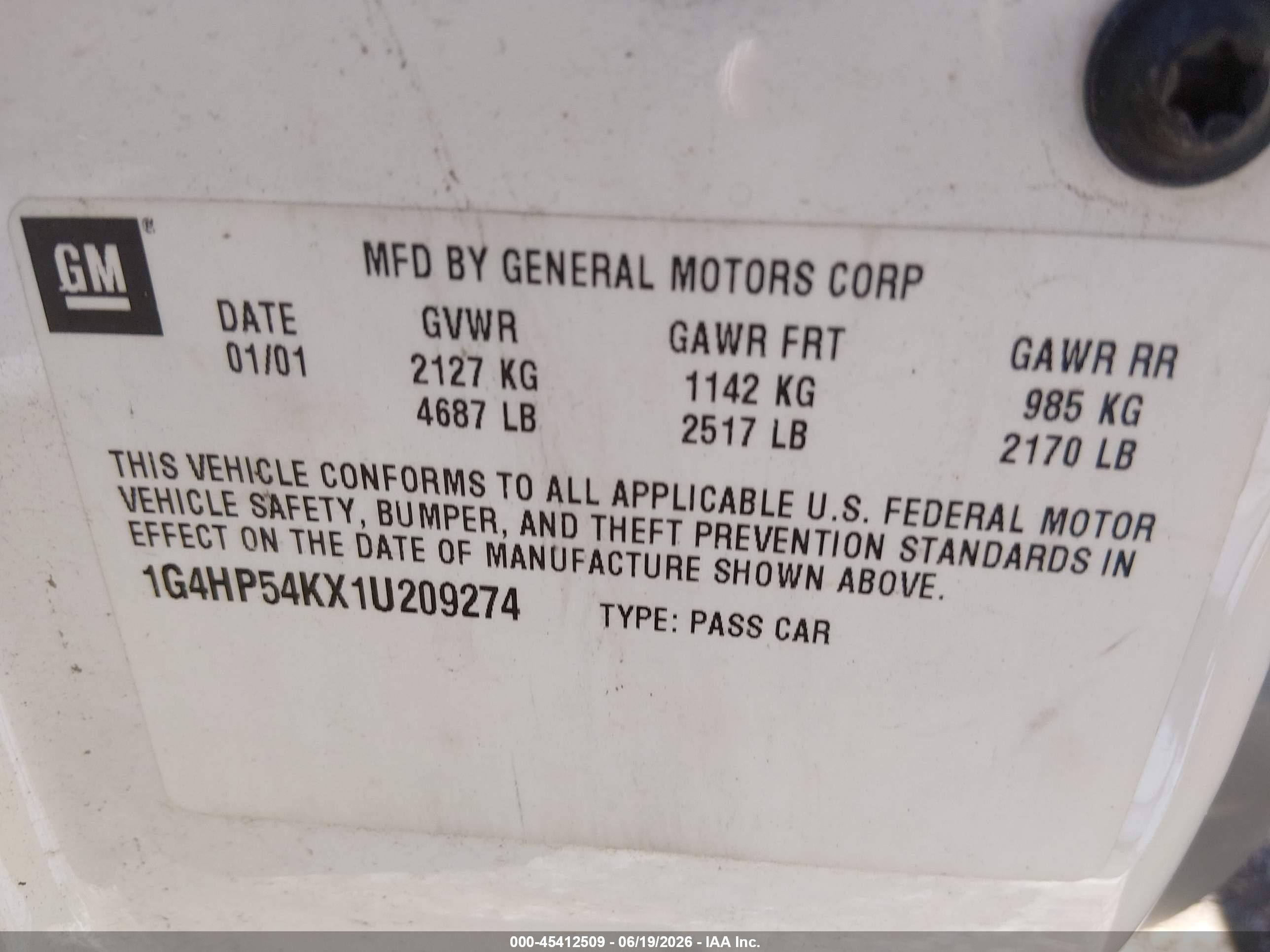 2001 Buick Lesabre Custom White vin: 1G4HP54KX1U209274