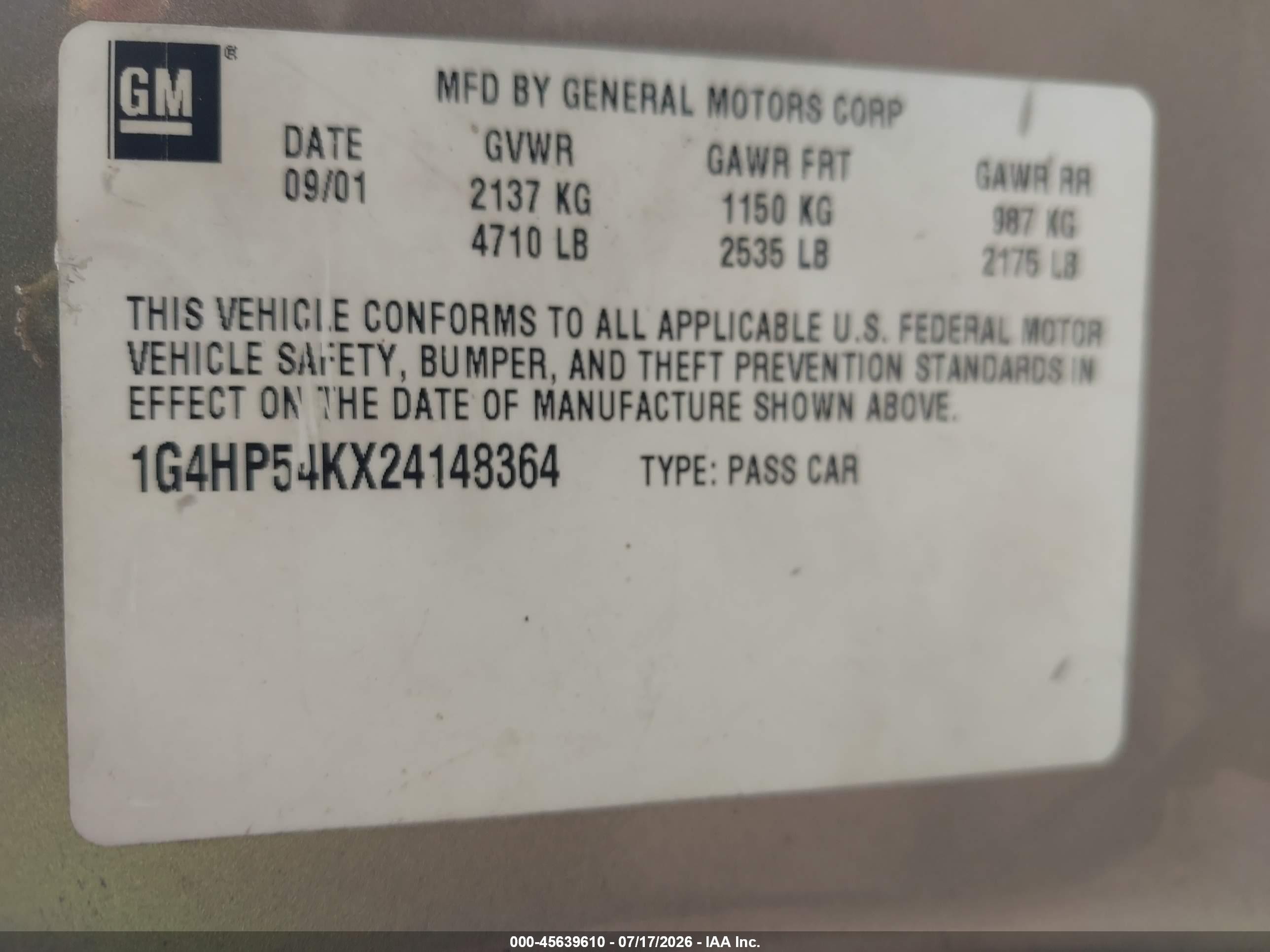 2002 Buick Lesabre Custom Gold vin: 1G4HP54KX24148364
