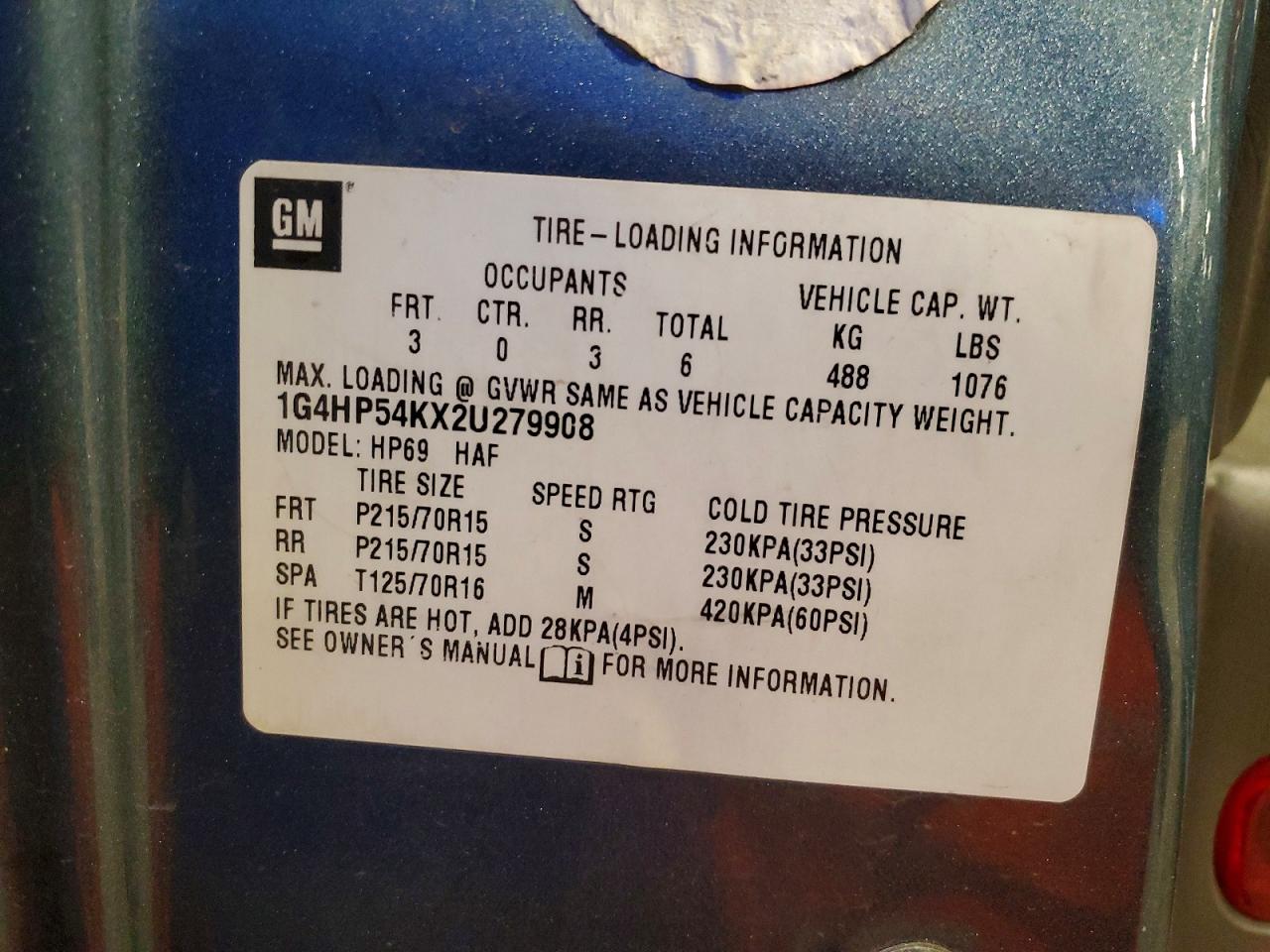 2002 Buick Lesabre Custom Blue vin: 1G4HP54KX2U279908