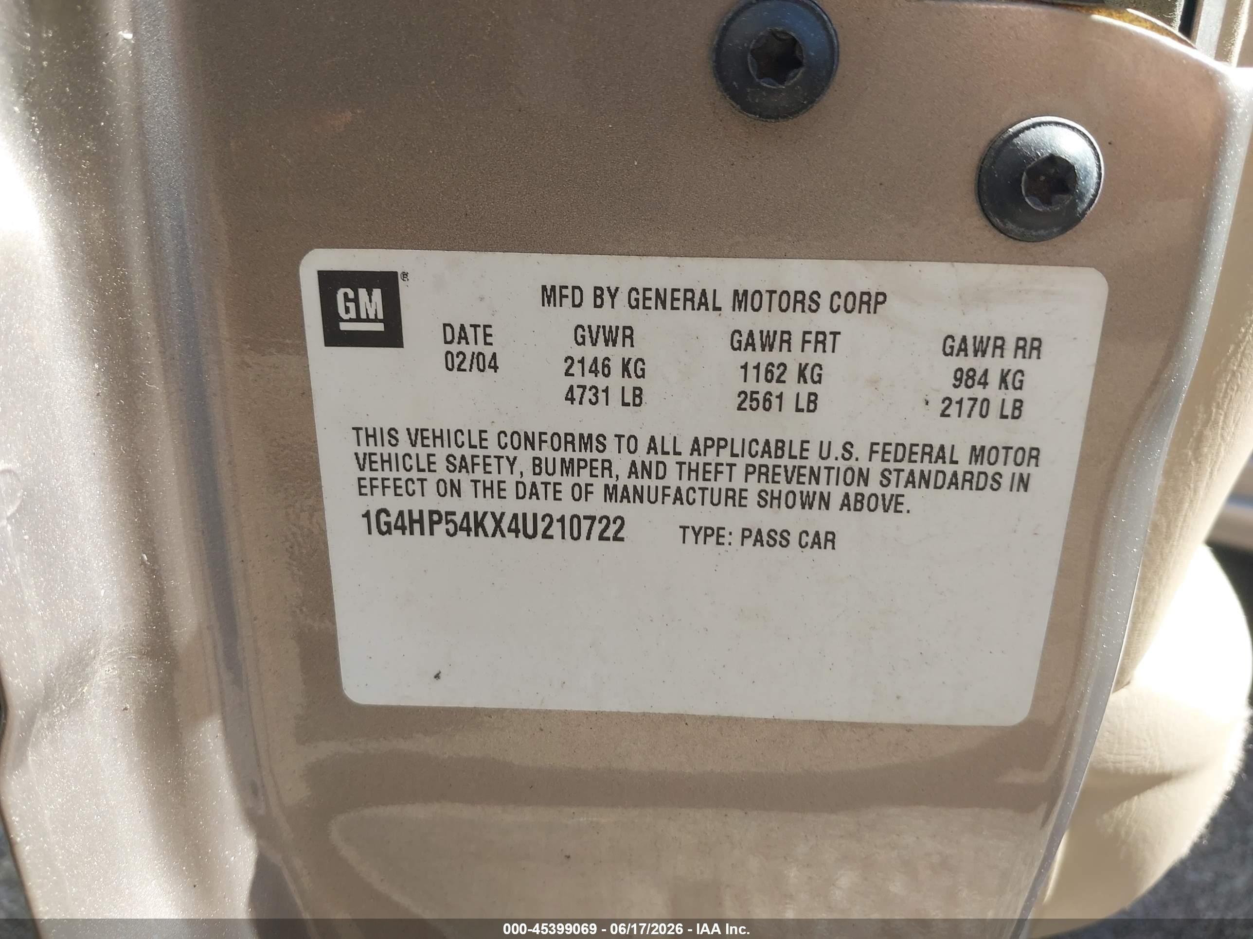 2004 Buick Lesabre Custom Tan vin: 1G4HP54KX4U210722