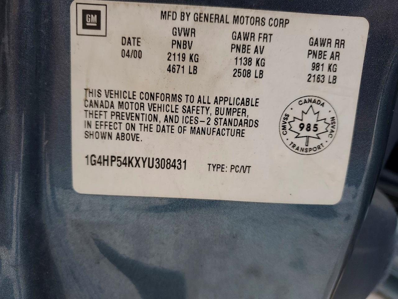 2000 Buick Lesabre Custom Blue vin: 1G4HP54KXYU308431