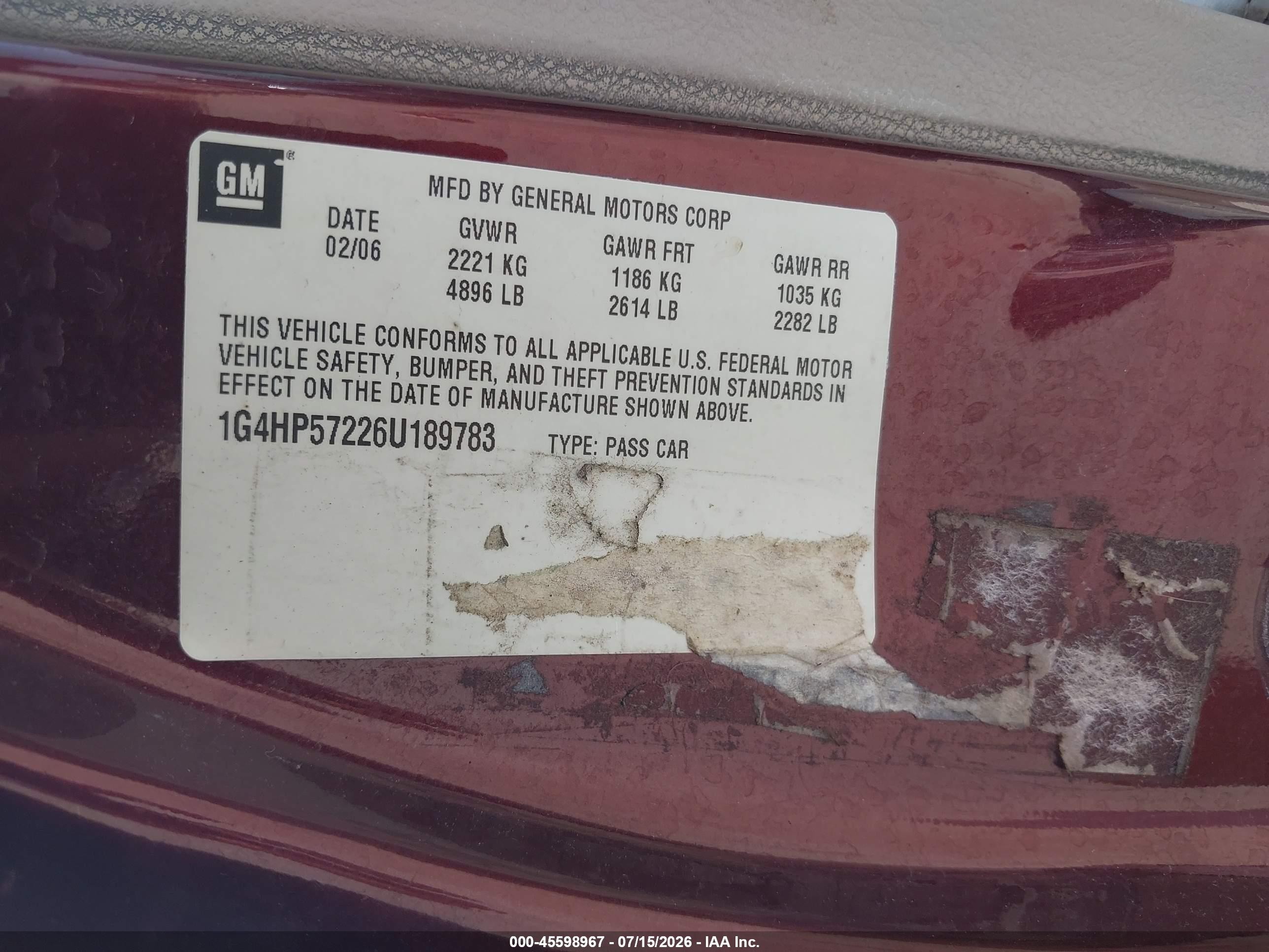 2006 Buick Lucerne Cx Maroon vin: 1G4HP57226U189783