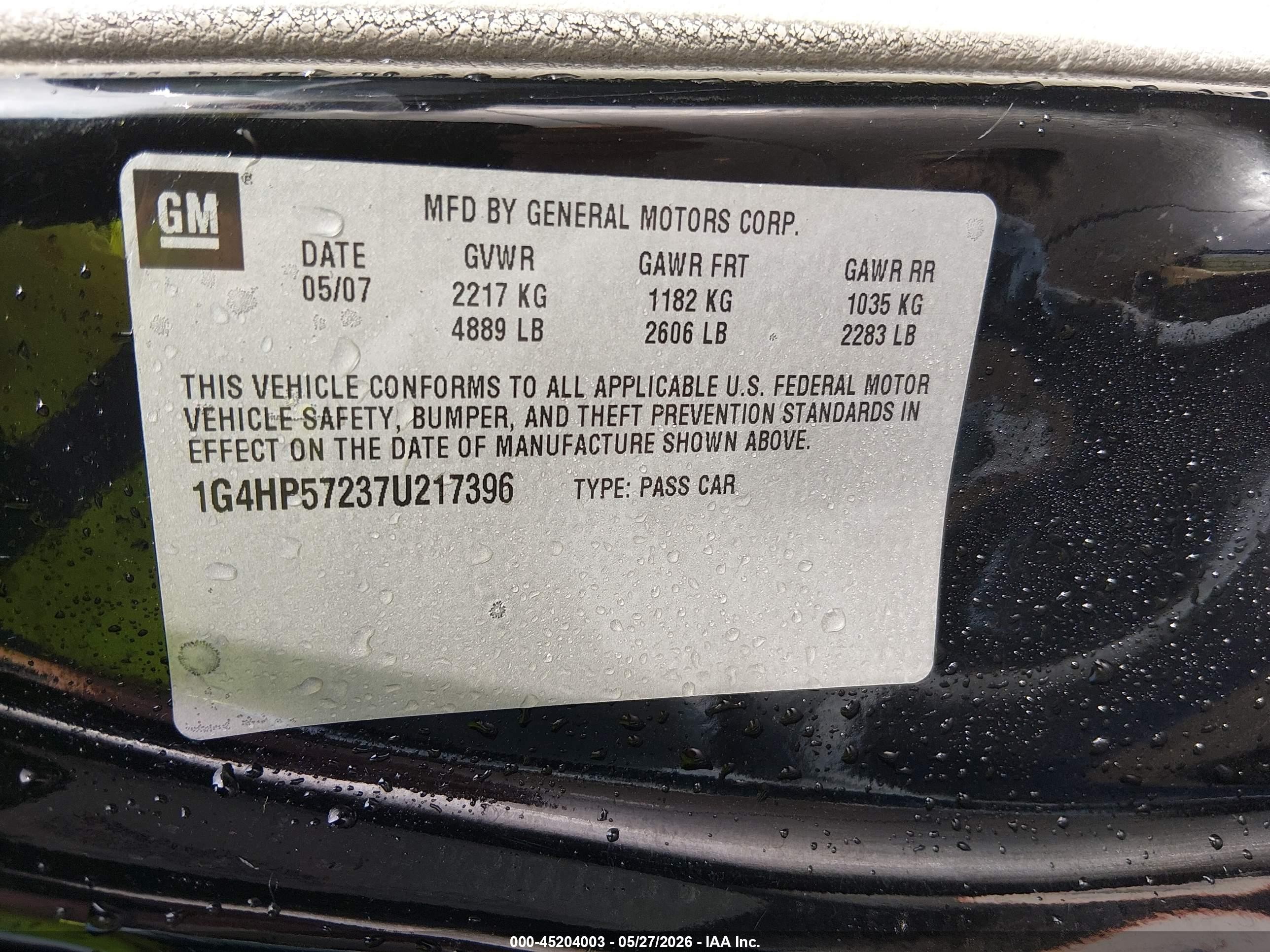 2007 Buick Lucerne Cx Black vin: 1G4HP57237U217396