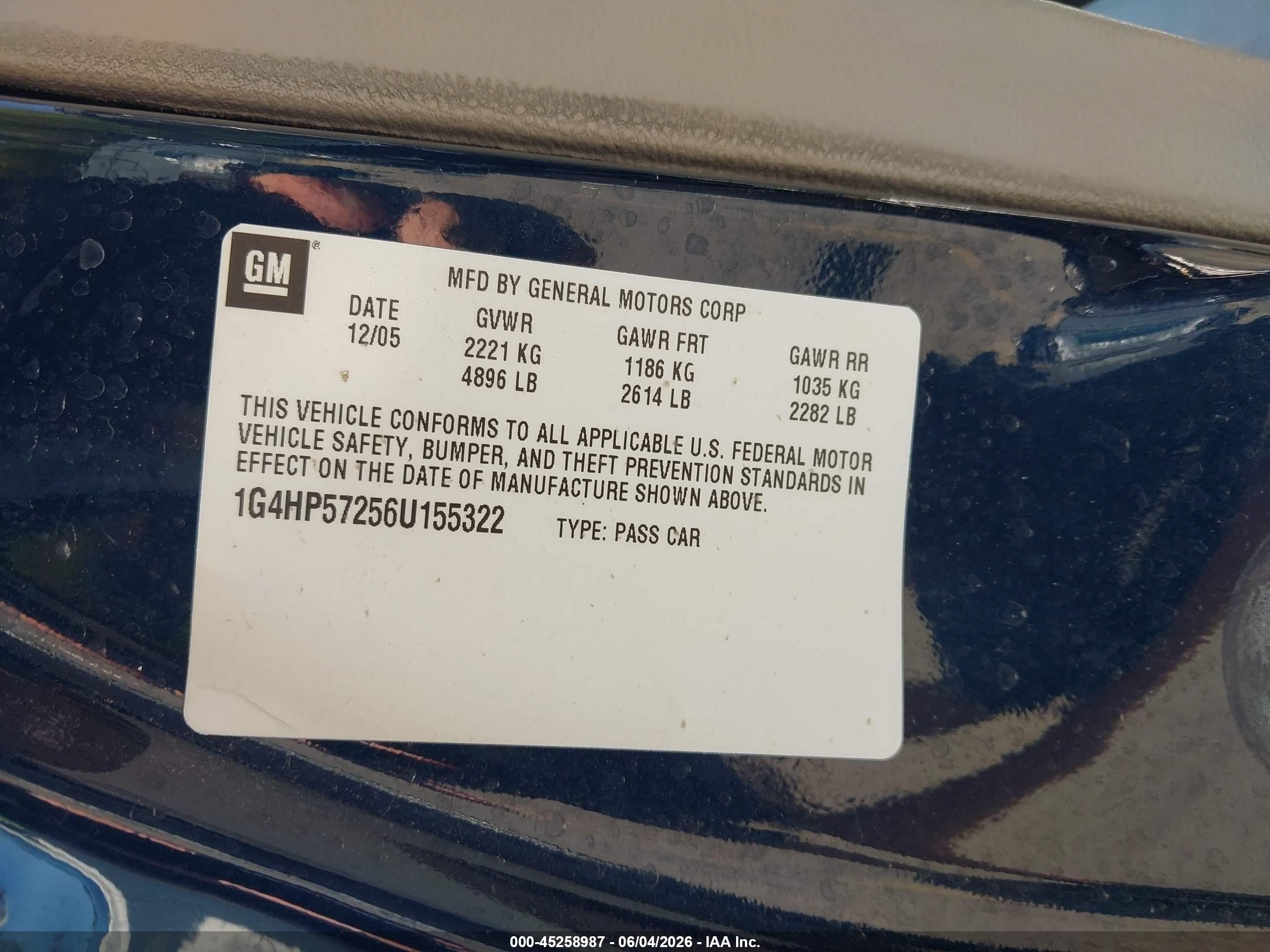 2006 Buick Lucerne Cx Dark Blue vin: 1G4HP57256U155322