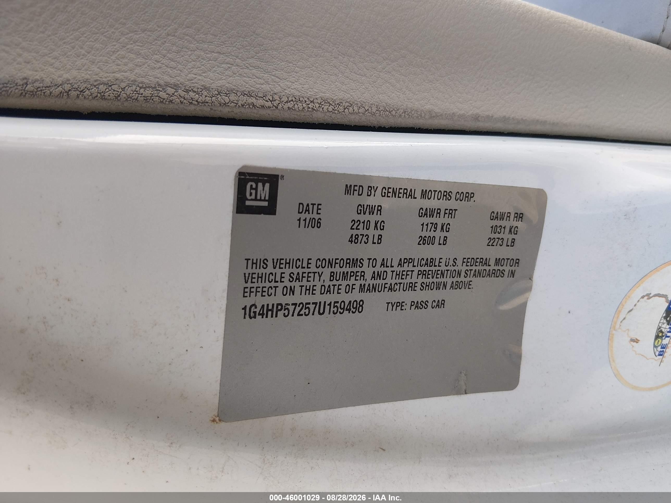 2007 Buick Lucerne Cx White vin: 1G4HP57257U159498
