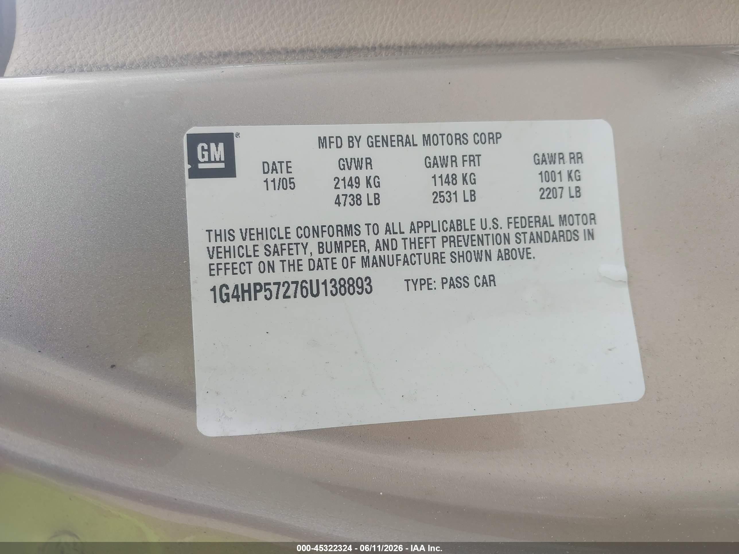 2006 Buick Lucerne Cx Tan vin: 1G4HP57276U138893
