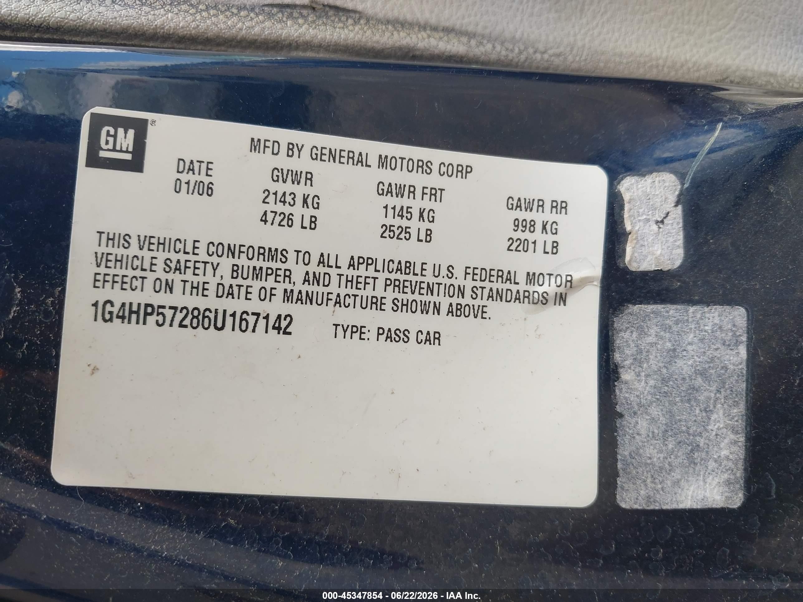 2006 Buick Lucerne Cx Blue vin: 1G4HP57286U167142