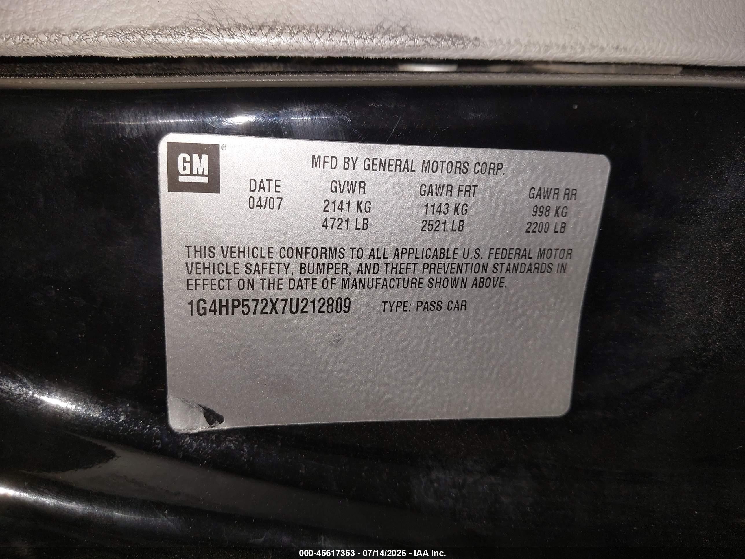 2007 Buick Lucerne Cx Black vin: 1G4HP572X7U212809