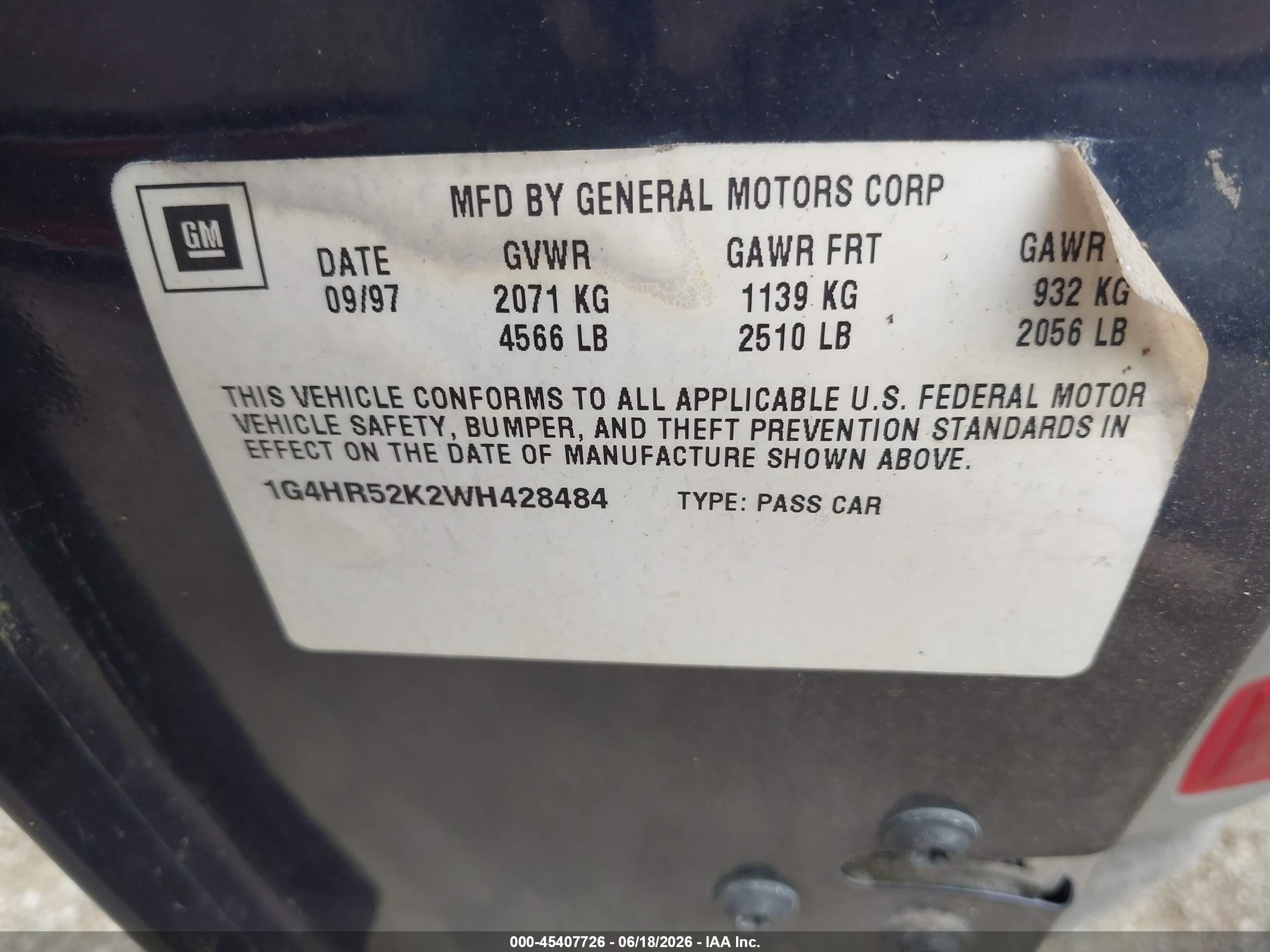 1998 Buick Lesabre Limited Blue vin: 1G4HR52K2WH428484