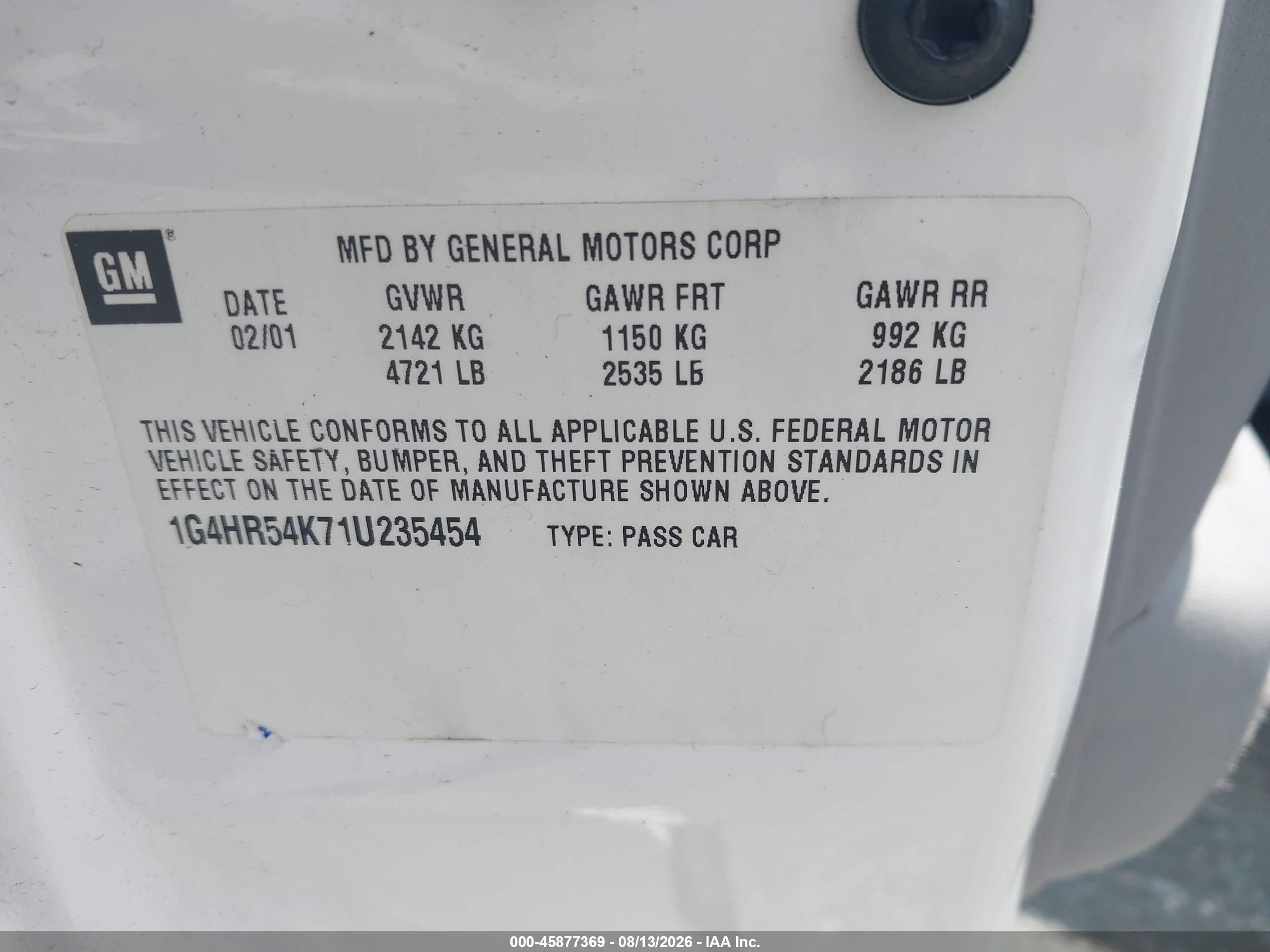 2001 Buick Lesabre Limited White vin: 1G4HR54K71U235454