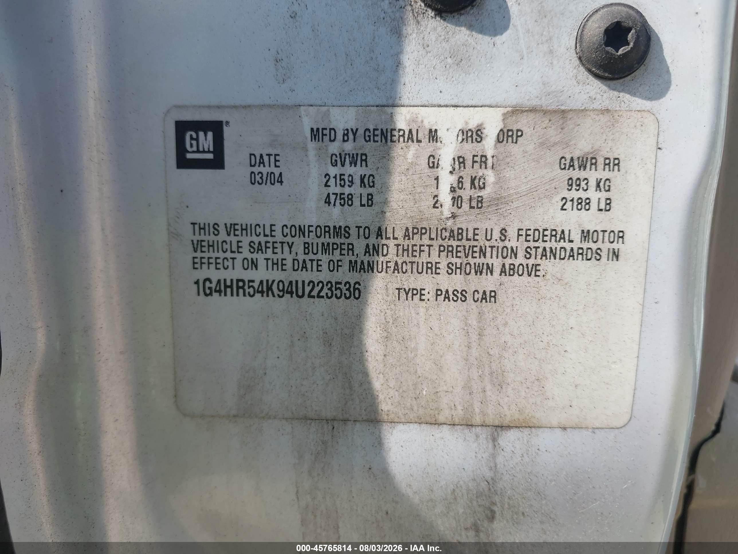 2004 Buick Lesabre Limited Белый vin: 1G4HR54K94U223536