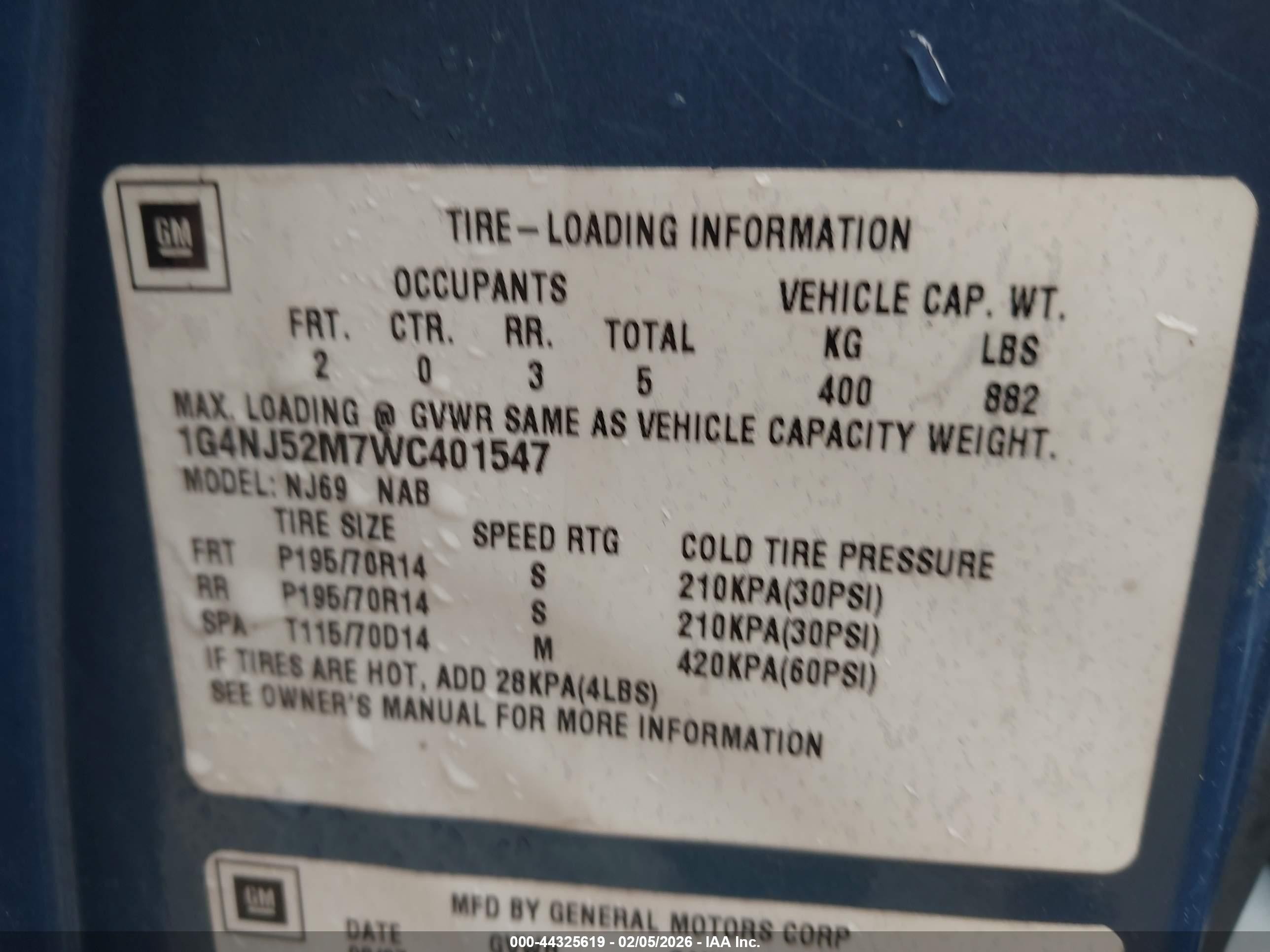 1998 Buick Skylark Custom   Blue vin: 1G4NJ52M7WC401547