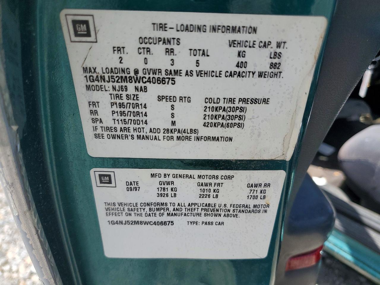 1998 Buick Skylark Custom Green vin: 1G4NJ52M8WC406675