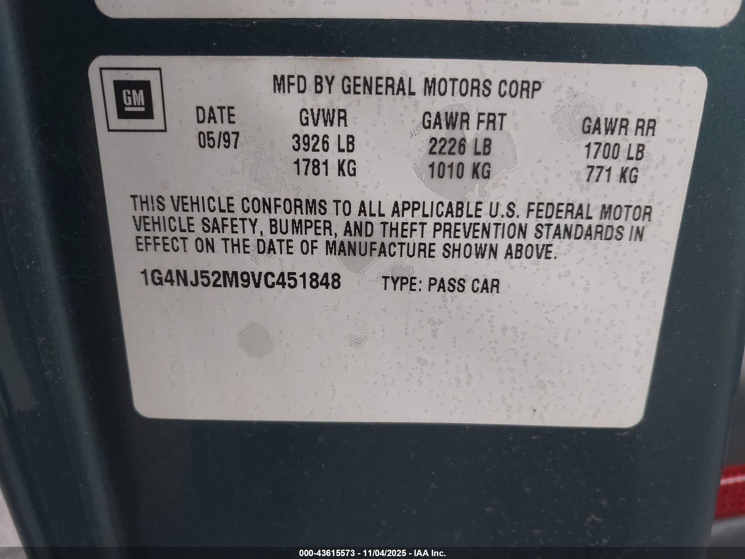 1997 Buick Skylark Custom Green vin: 1G4NJ52M9VC451848
