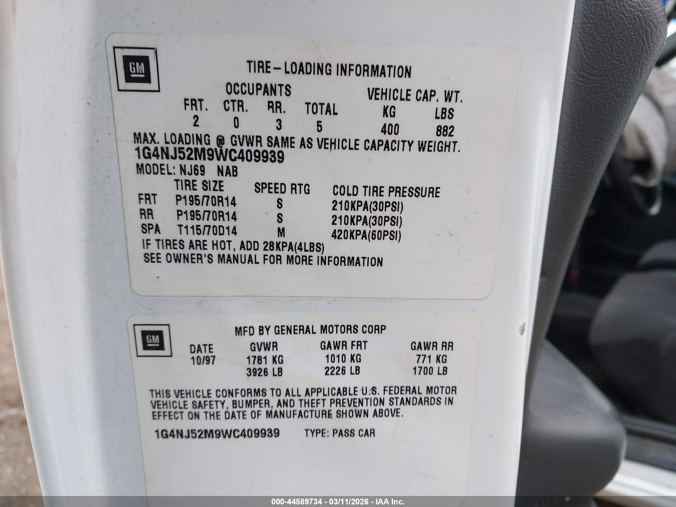 1998 Buick Skylark Custom   White vin: 1G4NJ52M9WC409939