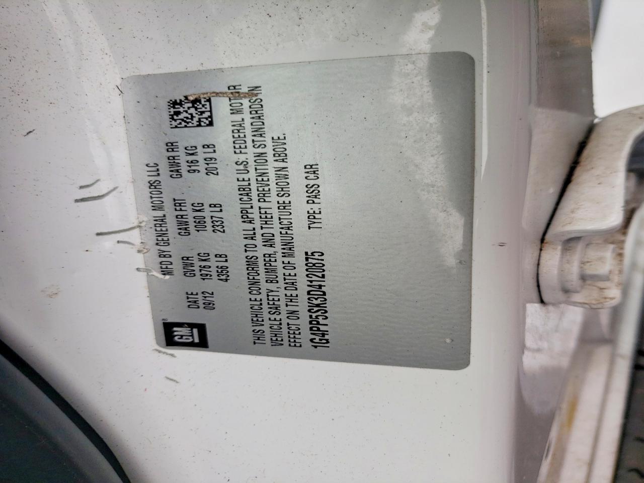 2013 Buick Verano White vin: 1G4PP5SK3D4120875