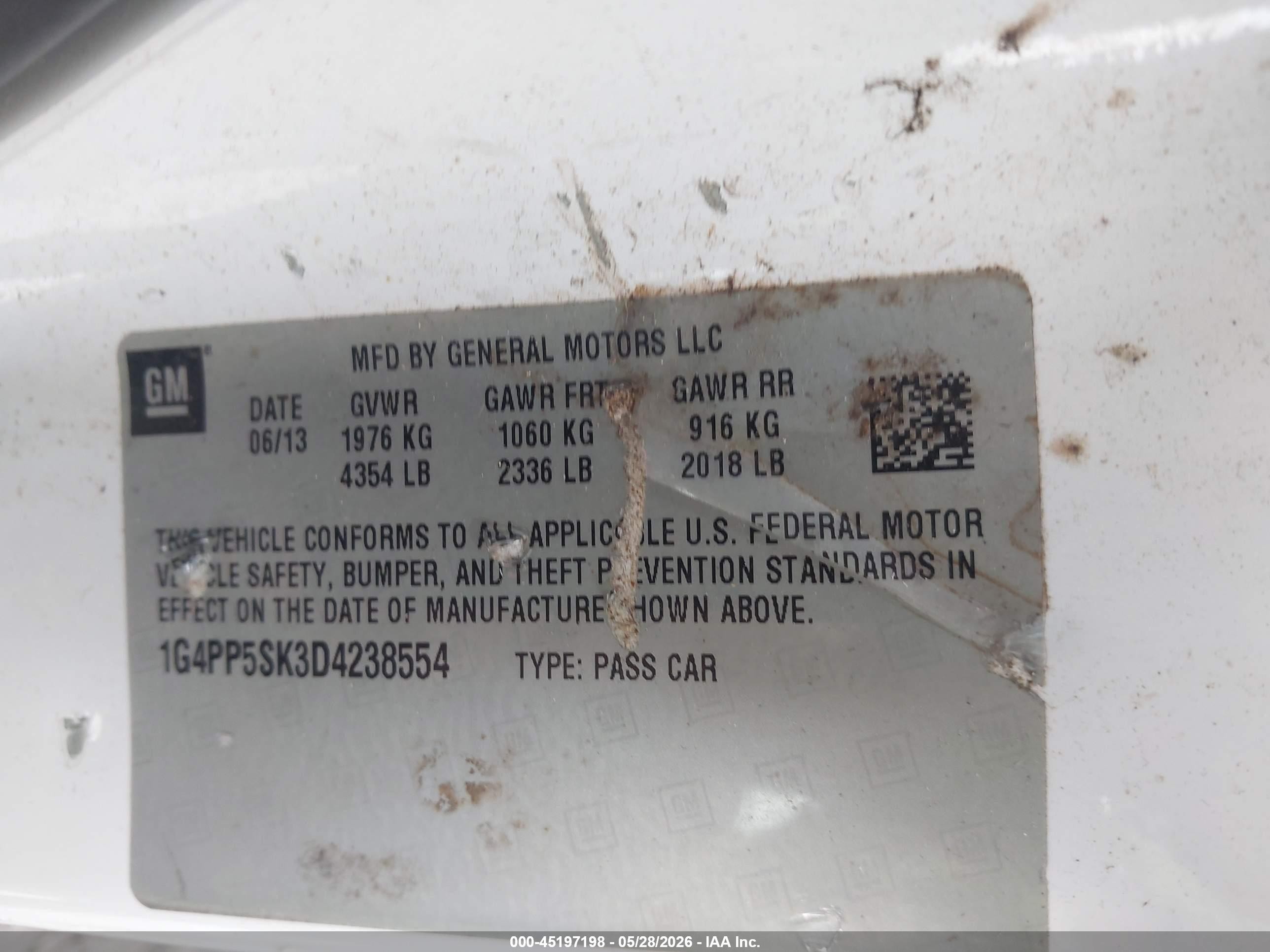 2013 Buick Verano   White vin: 1G4PP5SK3D4238554