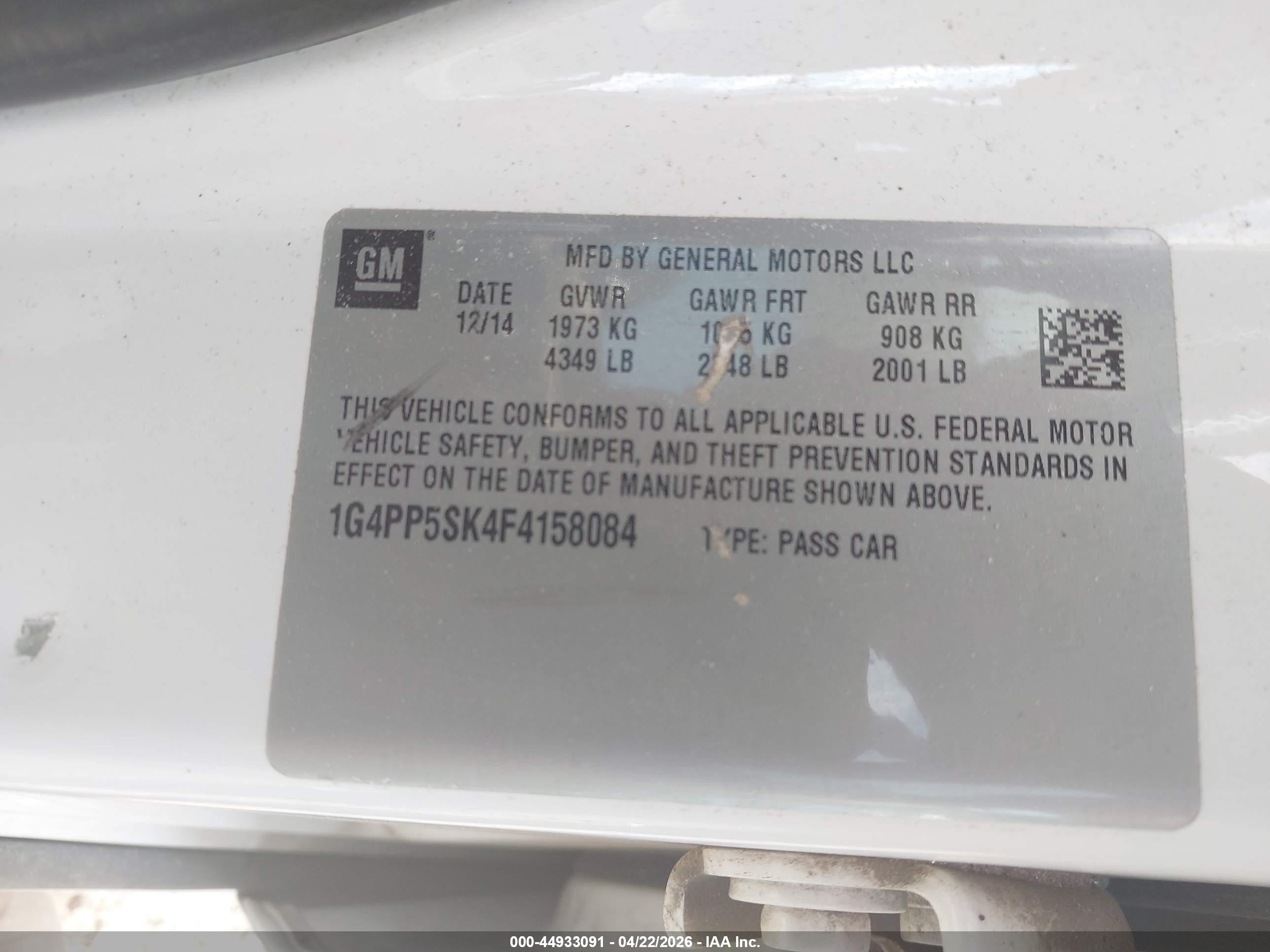 2015 Buick Verano   White vin: 1G4PP5SK4F4158084