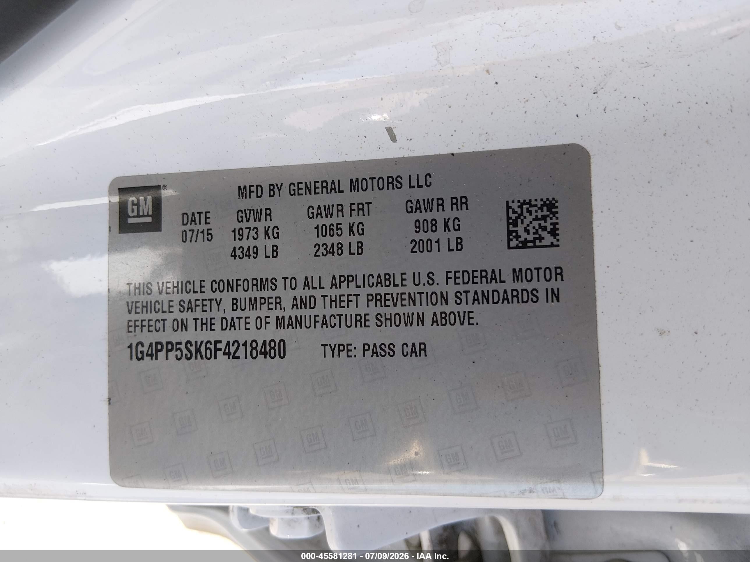 2015 Buick Verano   White vin: 1G4PP5SK6F4218480