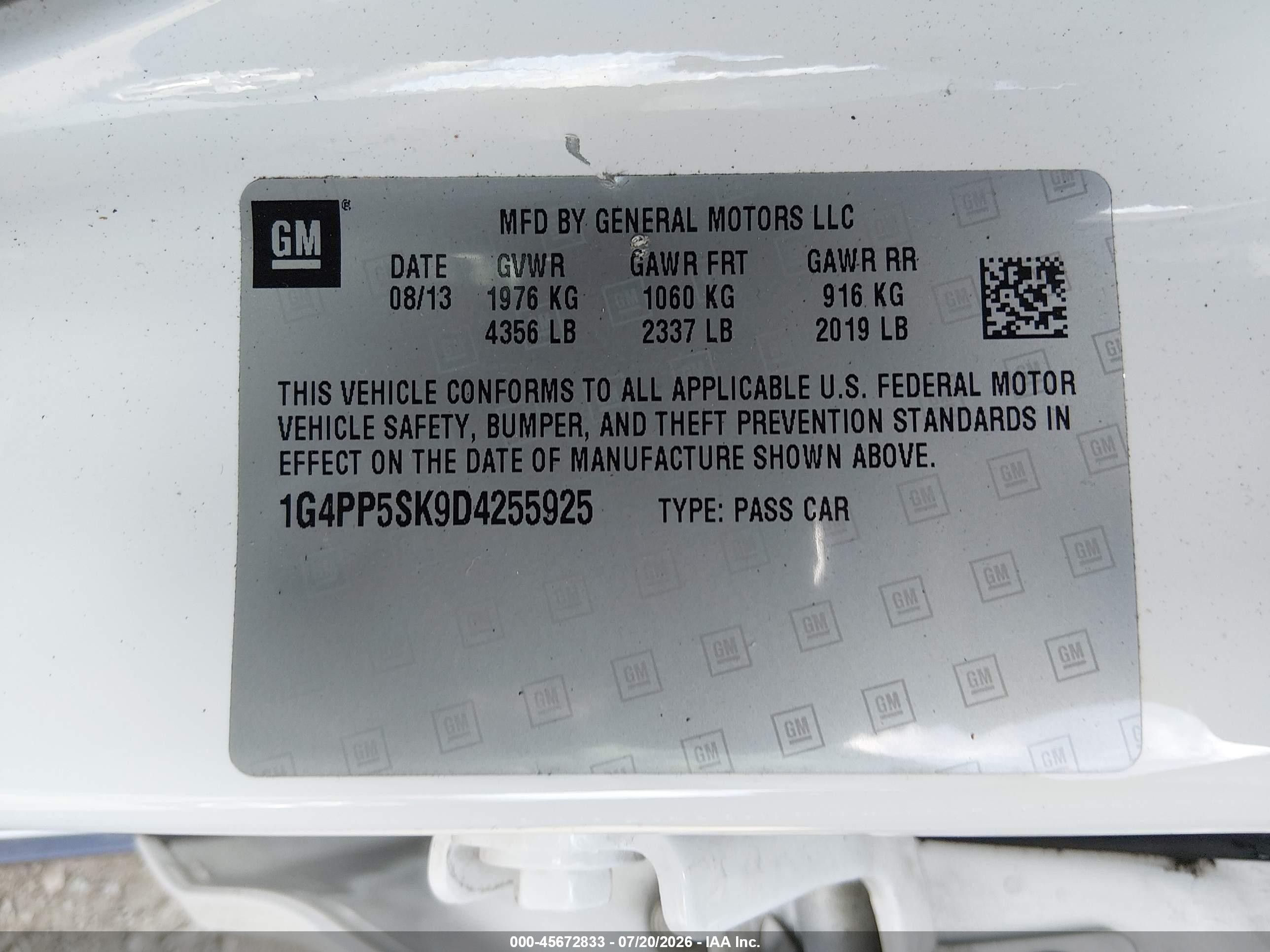 2013 Buick Verano   White vin: 1G4PP5SK9D4255925